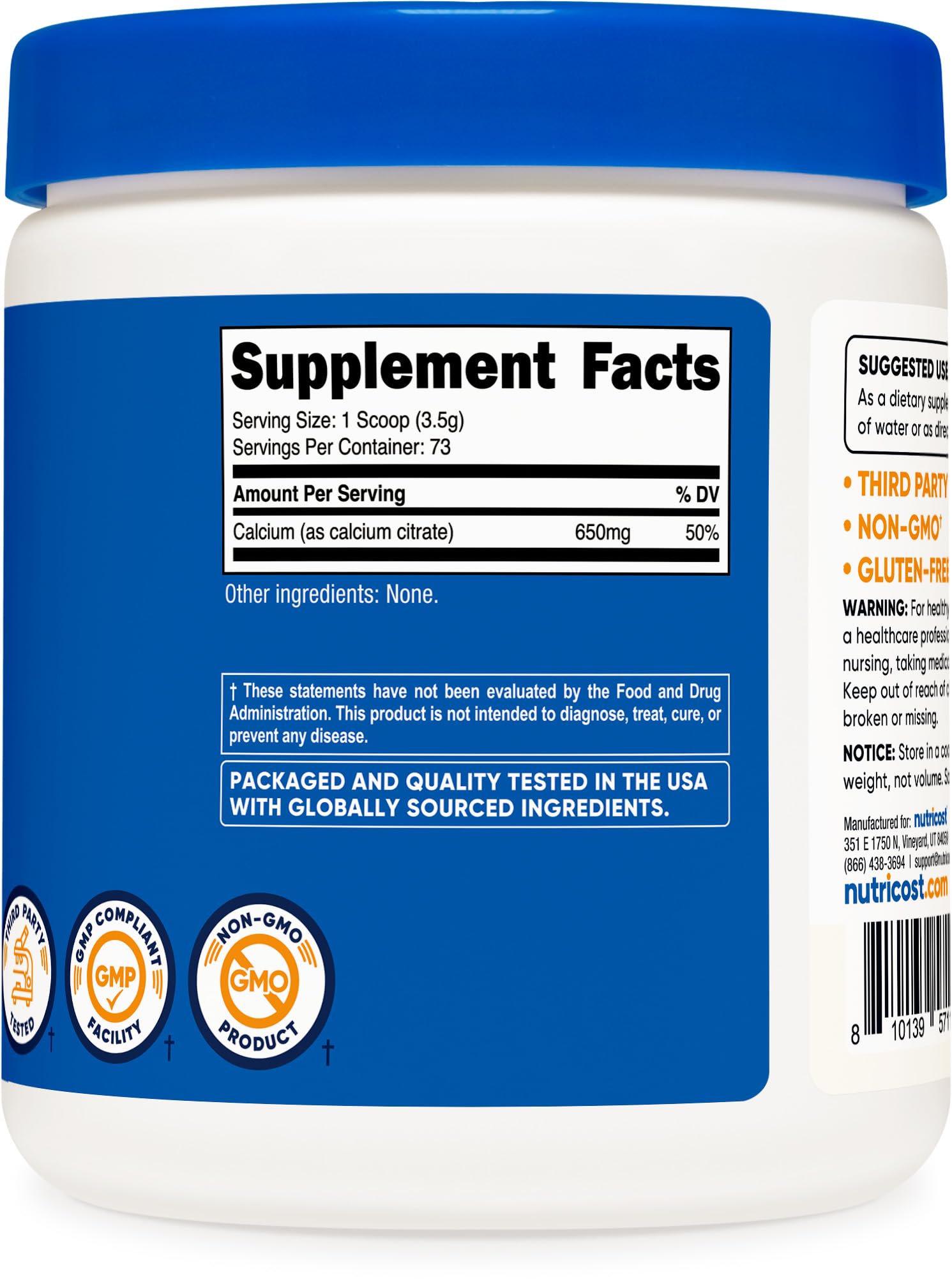 Nutricost calcio citrato en envase práctico para almacenamiento casero.