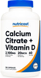 Nutricost Calcio Citrato + Vitamina D, frasco frontal, apoyo a la salud ósea.