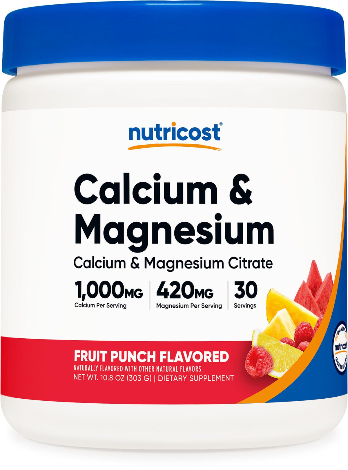 Nutricost Calcium Magnesium Powder, bote Fruta Punch, ideal para ingesta diaria de minerales.