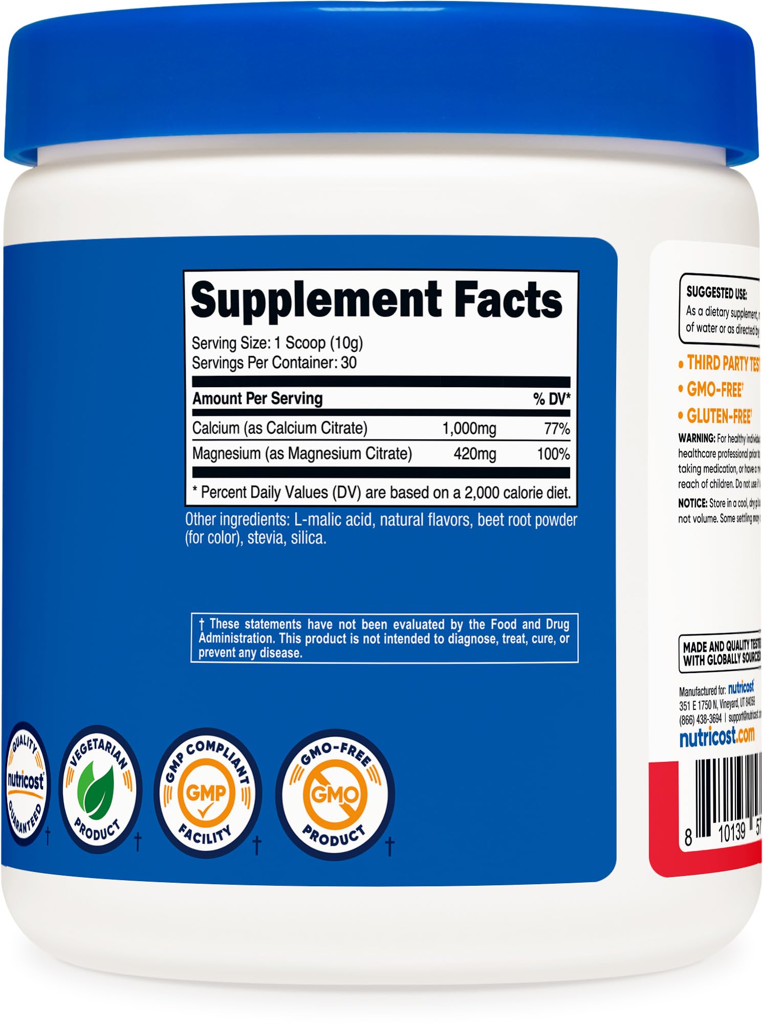 Nutricost Calcium Magnesium Powder, etiqueta NSF, garantiza calidad en cada porción.
