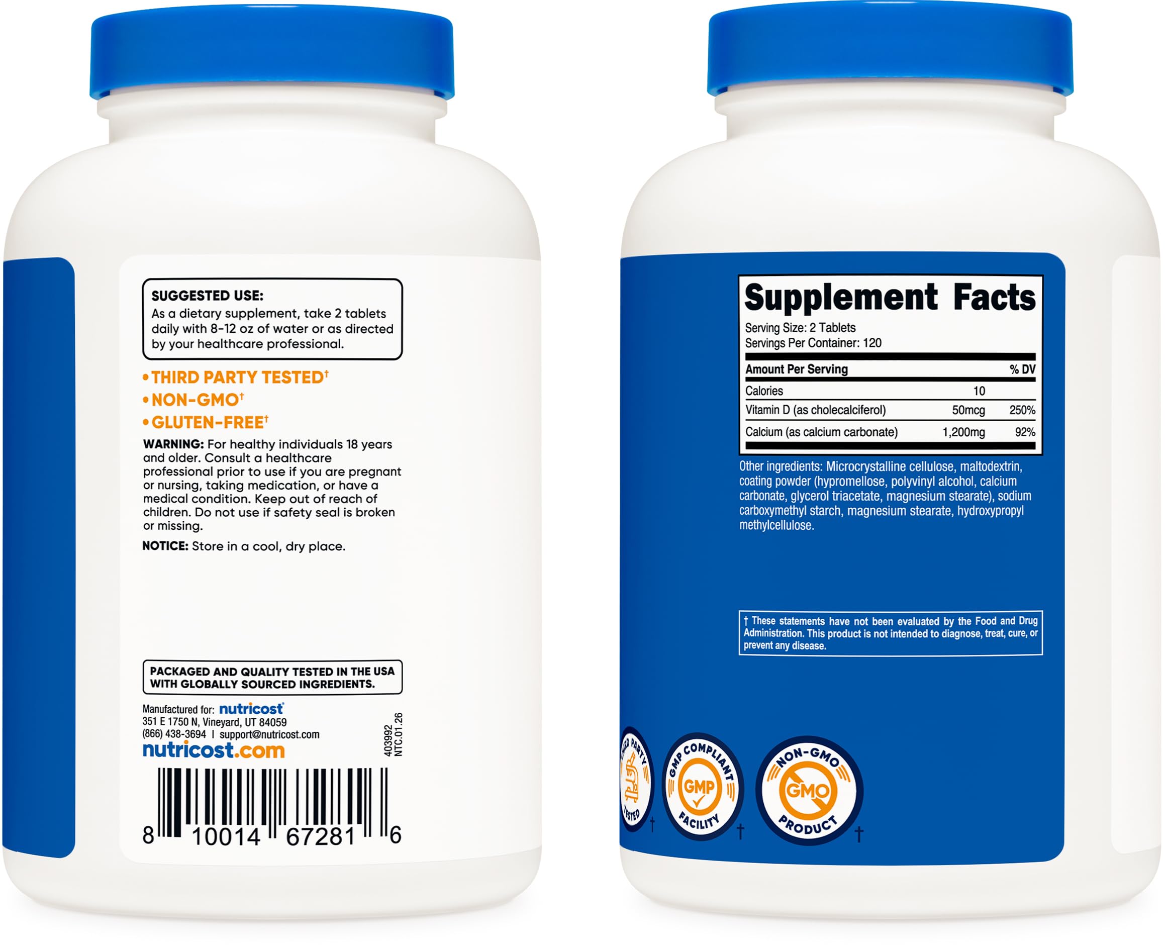 Dos tabletas por porción de Nutricost Calcio con Vitamina D para ingesta simple