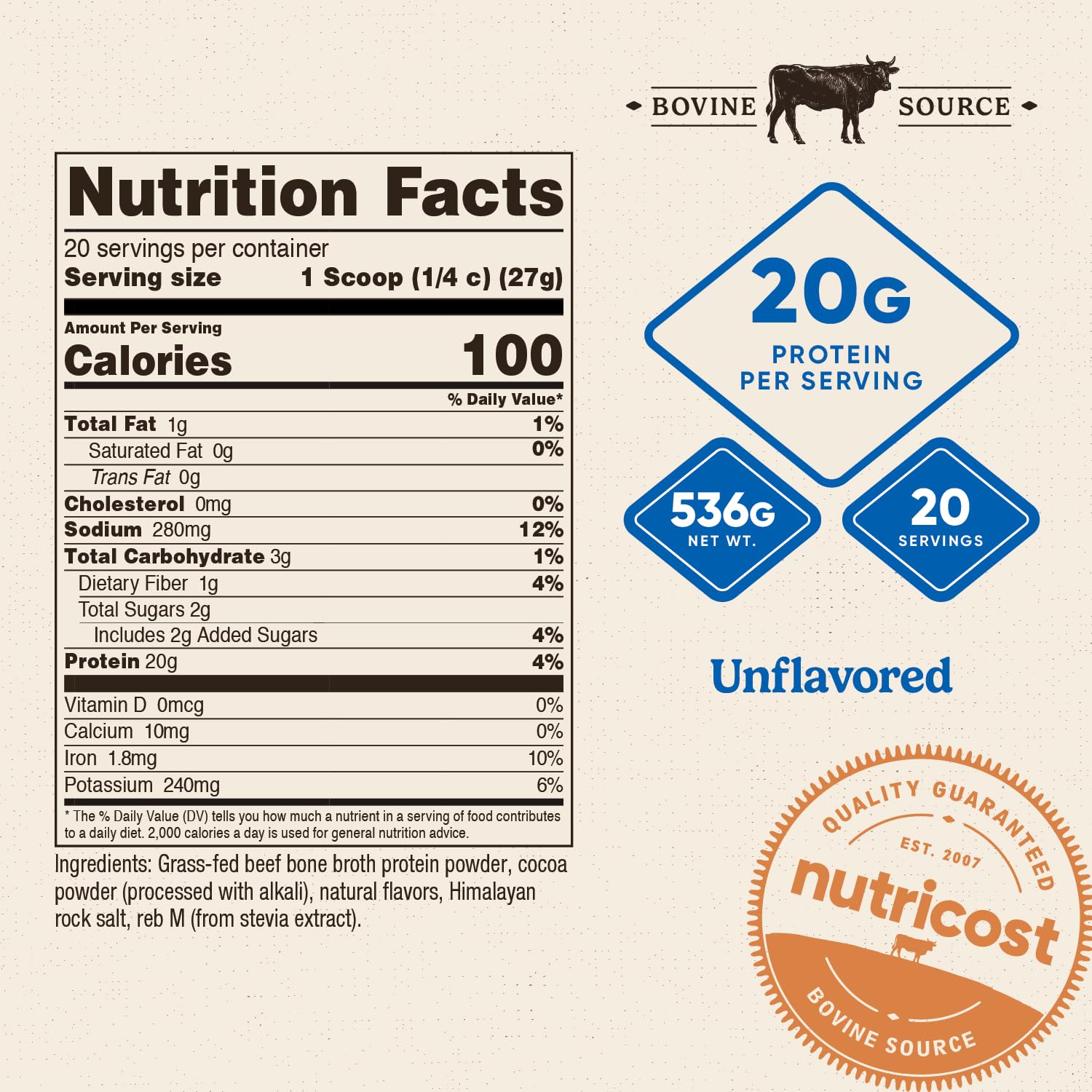 Nutricost Caldo de Hueso de Res en Polvo Chocolate, cuchara medidora para porciones precisas.