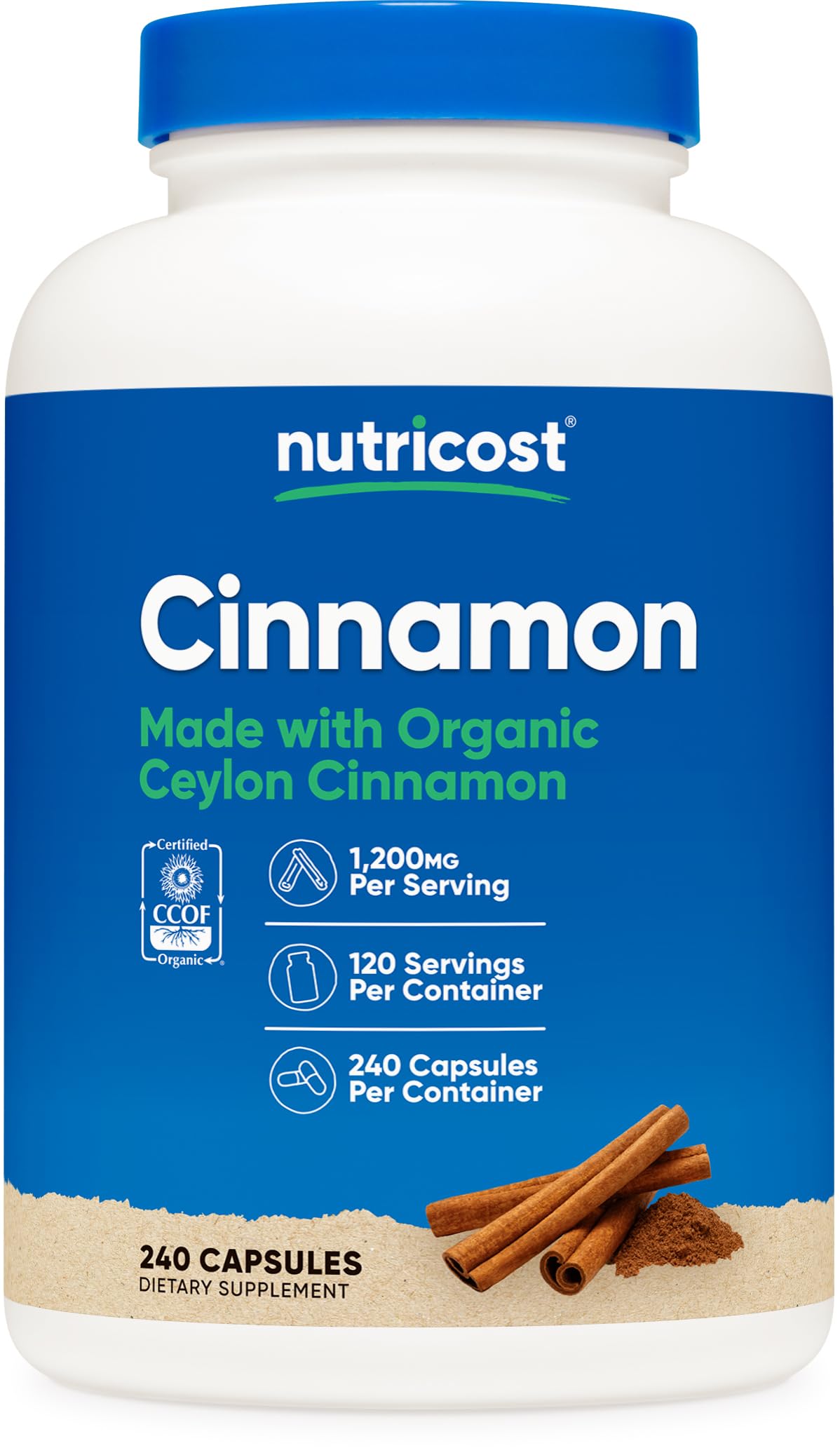 Nutricost Canela Ceilán cápsulas – botella frontal para dosis diaria conveniente.