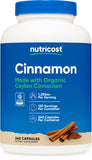 Nutricost Canela Ceilán cápsulas – botella frontal para dosis diaria conveniente.