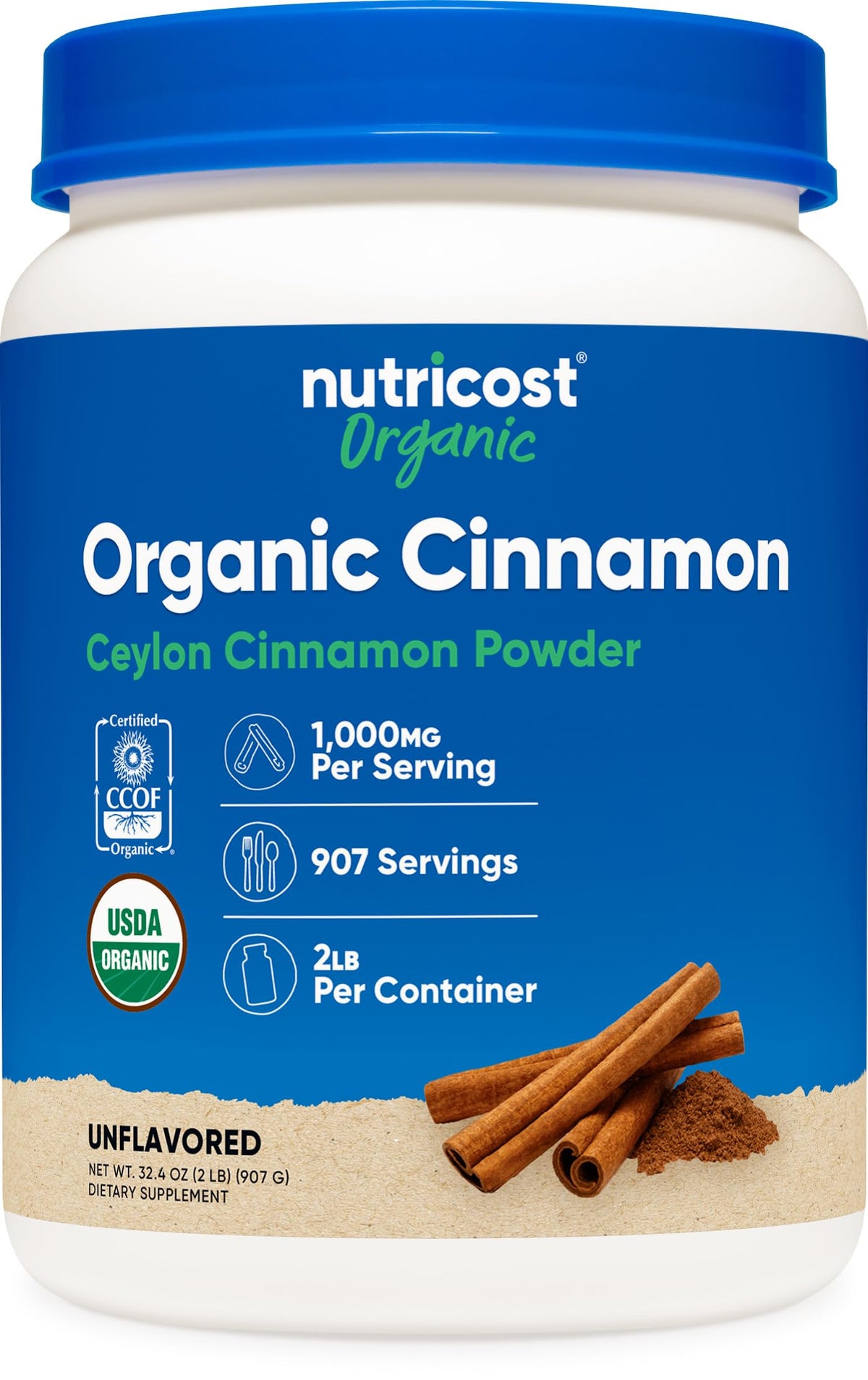 Nutricost Canela Ceilan en polvo en bote, aroma cálido para hornear.