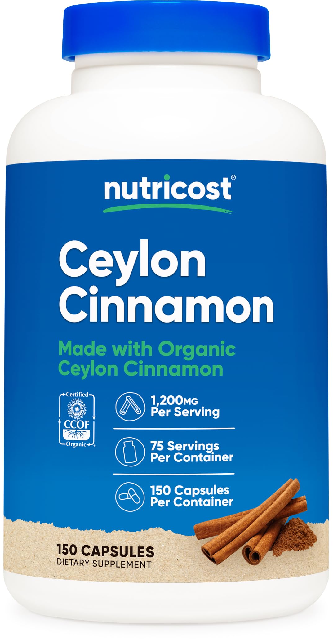 Nutricost Canela Orgánica Ceylon: cápsulas en frasco para apoyo digestivo diario.