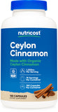 Nutricost Canela Orgánica Ceylon: cápsulas en frasco para apoyo digestivo diario.