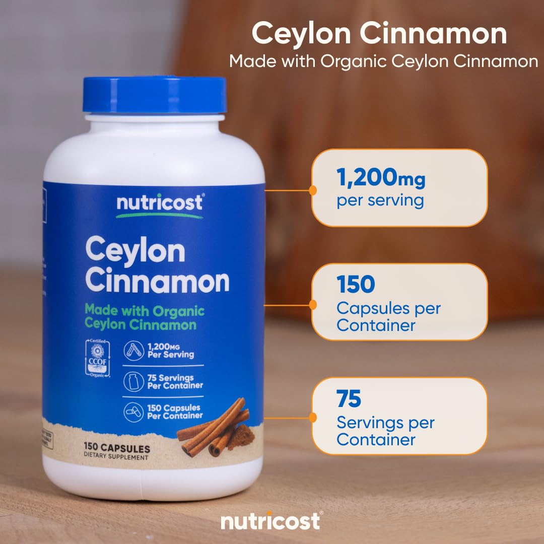 Nutricost Canela Orgánica Ceylon: envase de 150 cápsulas para consumo diario.
