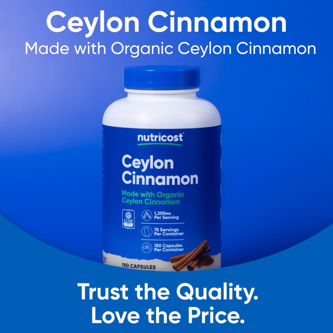 Nutricost Canela Orgánica Ceylon: presentación frasco de 150 cápsulas.