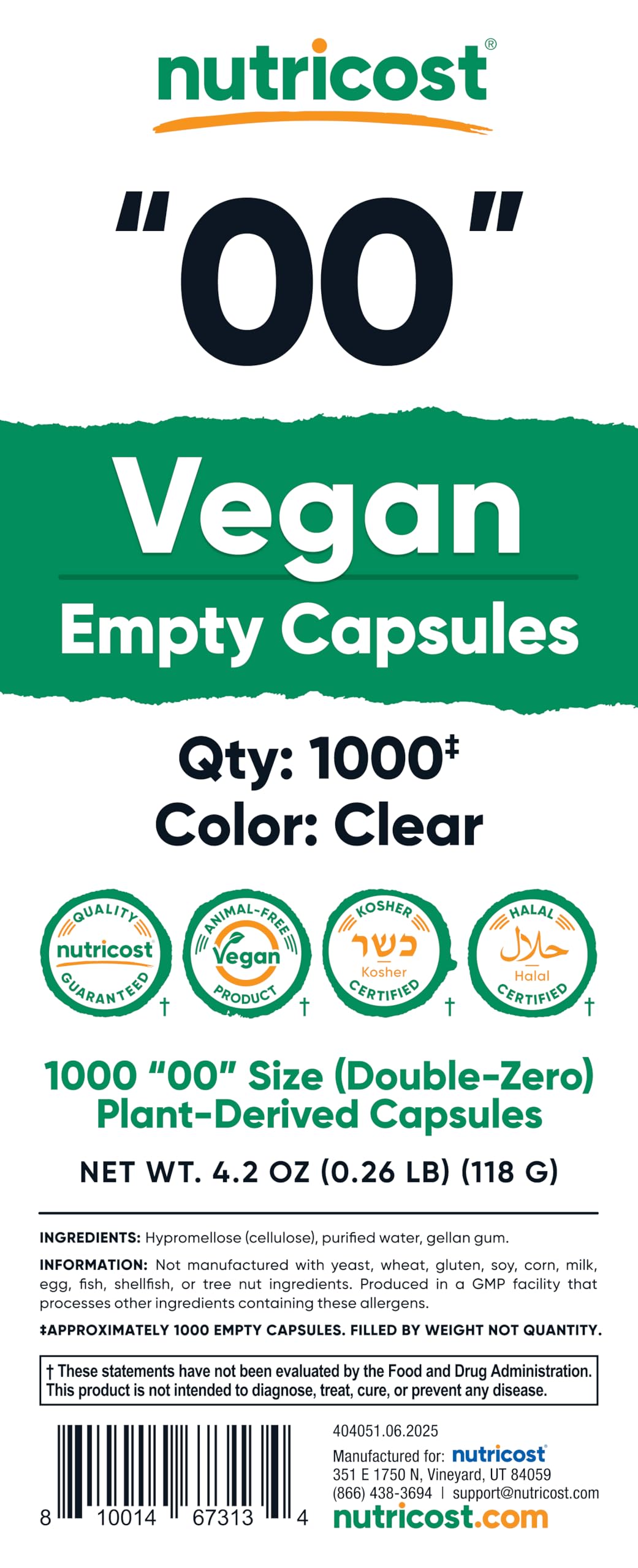 Nutricost cápsulas 600-1100 mg según densidad del polvo