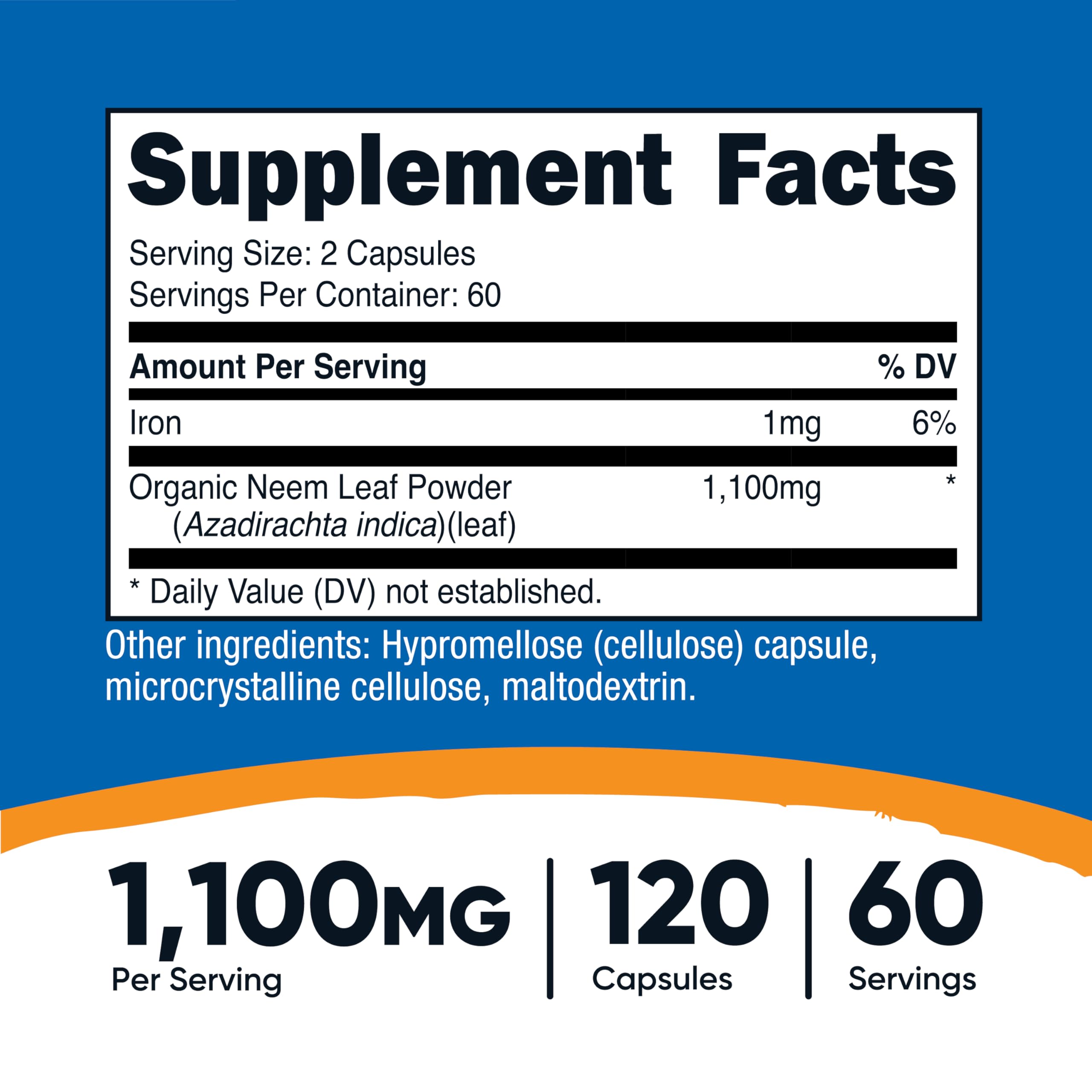 Nutricost Neem: porciones de 60 para consumo diario práctico.