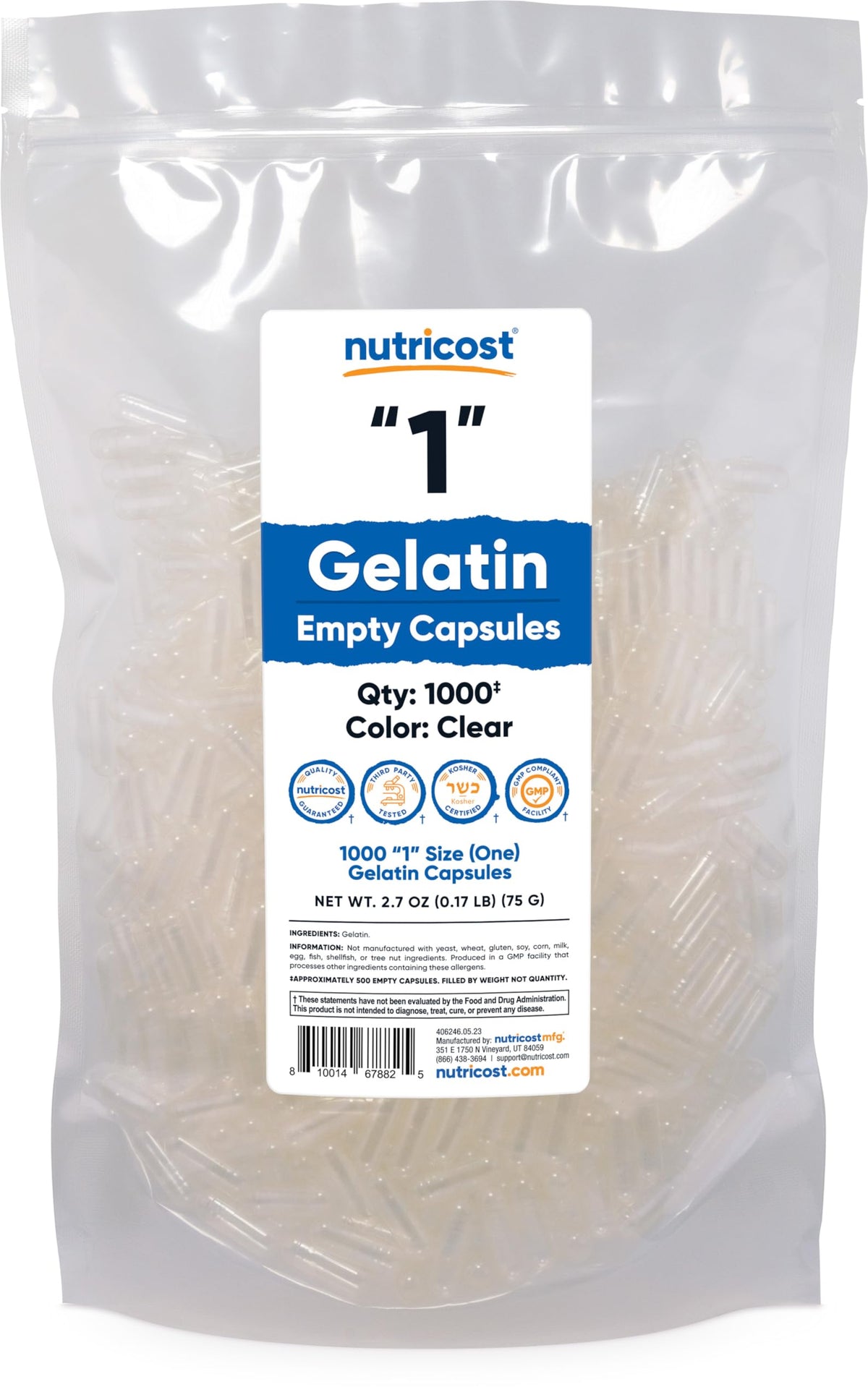 Nutricost cápsulas vacías de gelatina tamaño 1, claras, para personalizar tus suplementos.