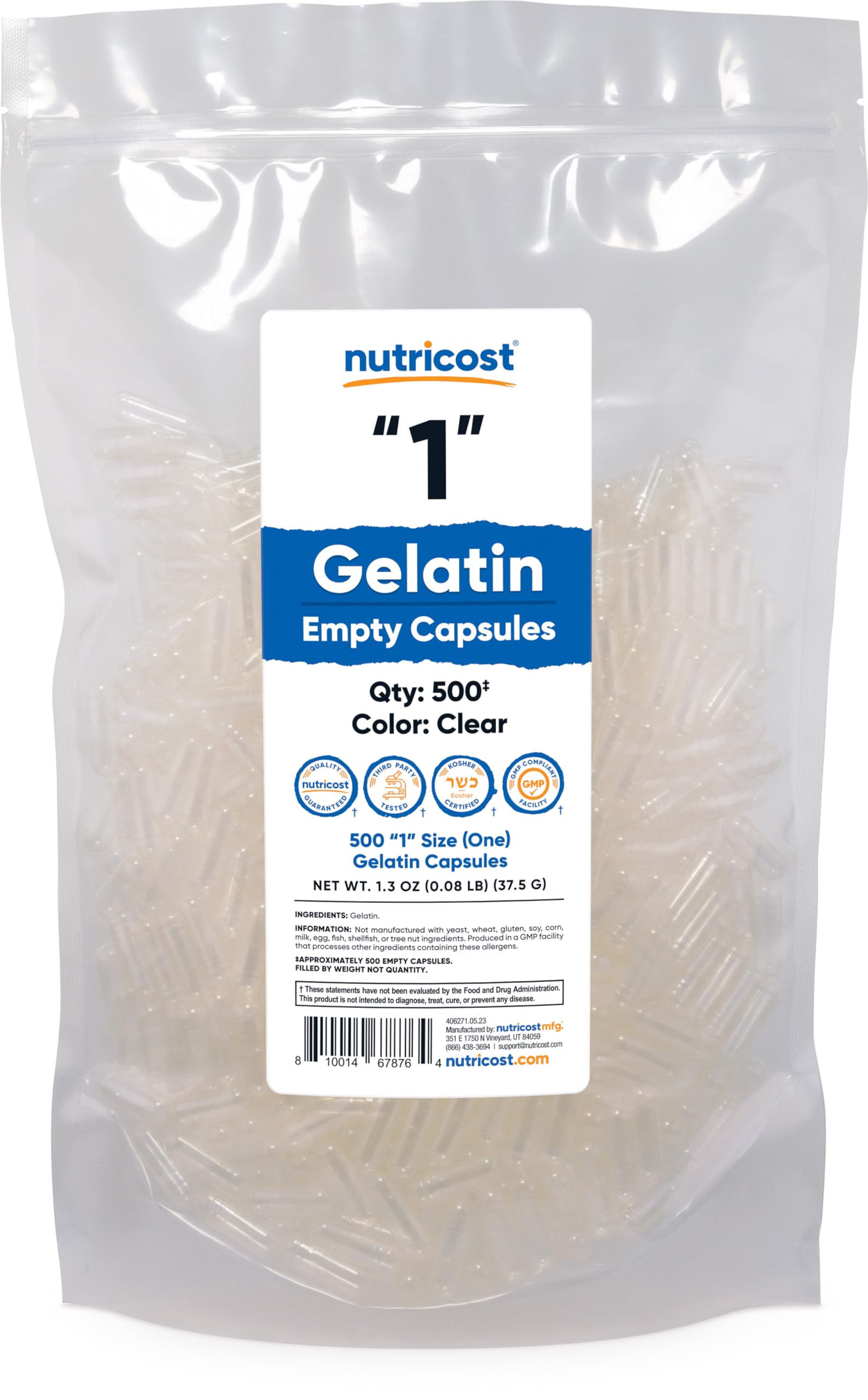 Nutricost cápsulas vacías de gelatina tamaño 1-500, claras, para personalizar tus suplementos.