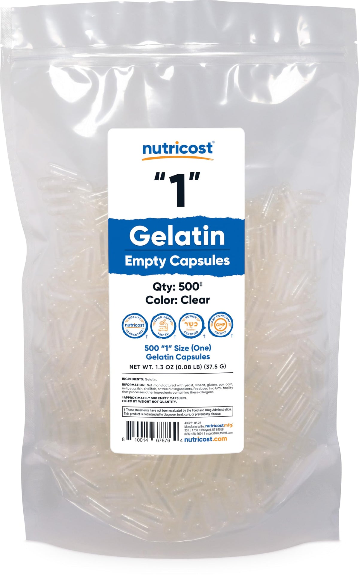 Nutricost cápsulas vacías de gelatina tamaño 1-500, claras, para personalizar tus suplementos.