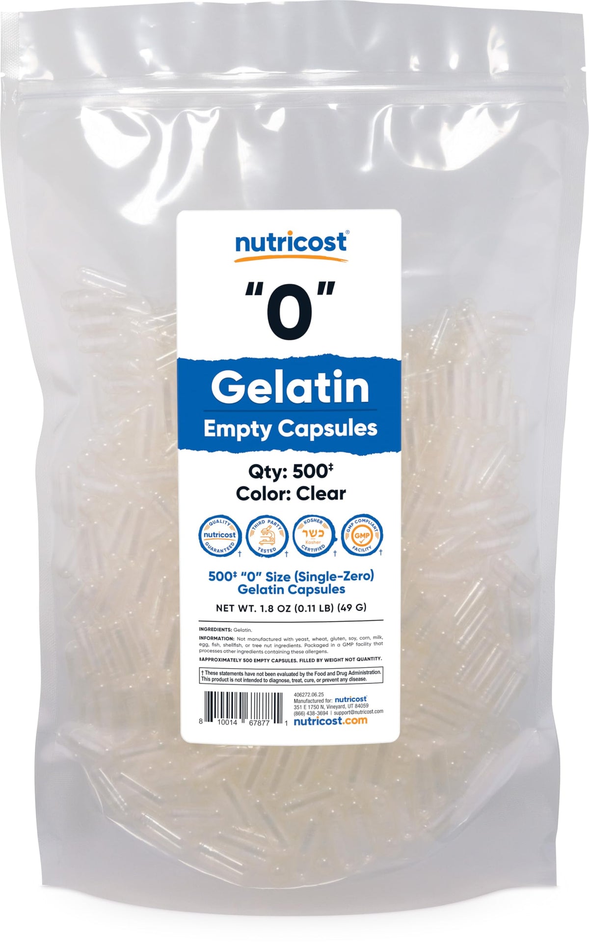 Nutricost cápsulas vacías tamaño 0 en cristal, aptas para mezclar suplementos.