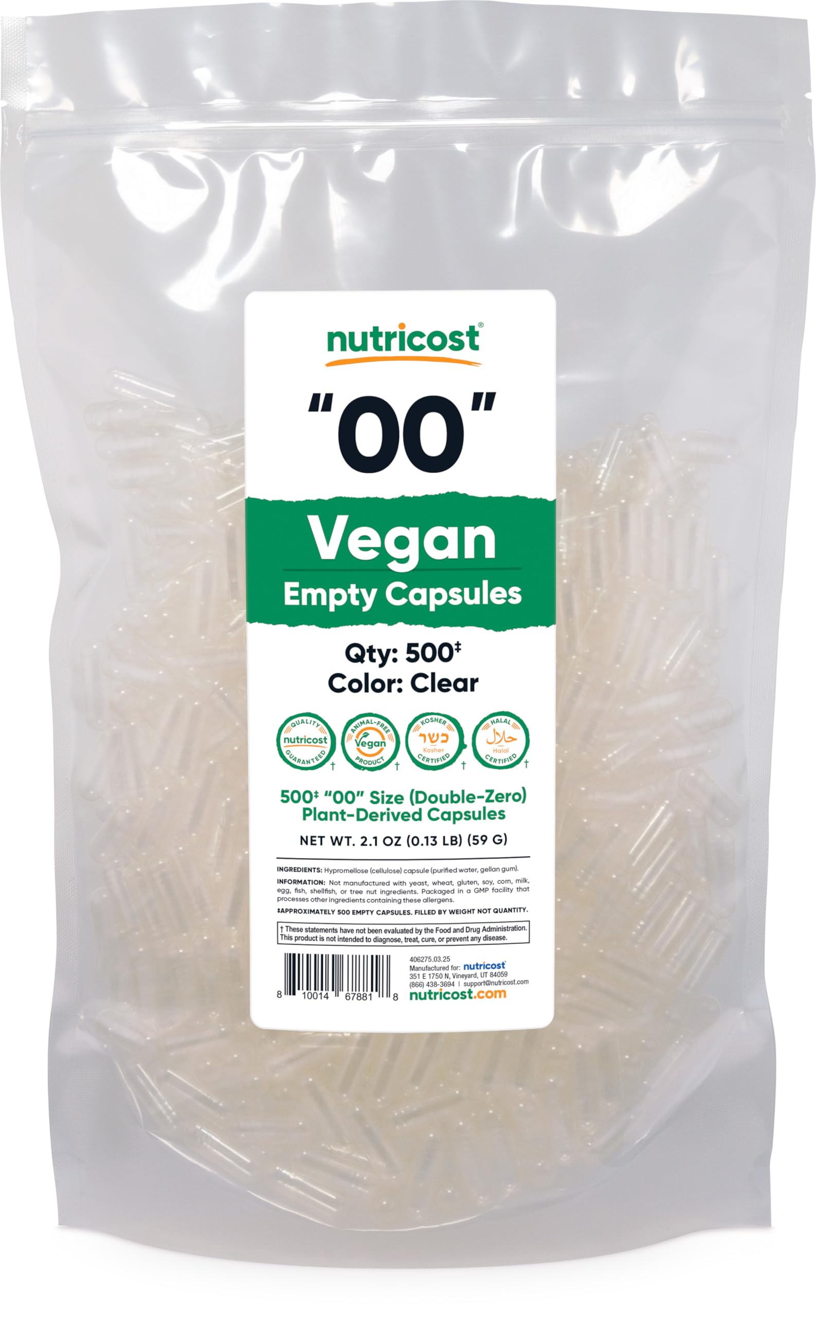 Nutricost cápsulas vacías vegan tamaño 00 para personalizar suplementos