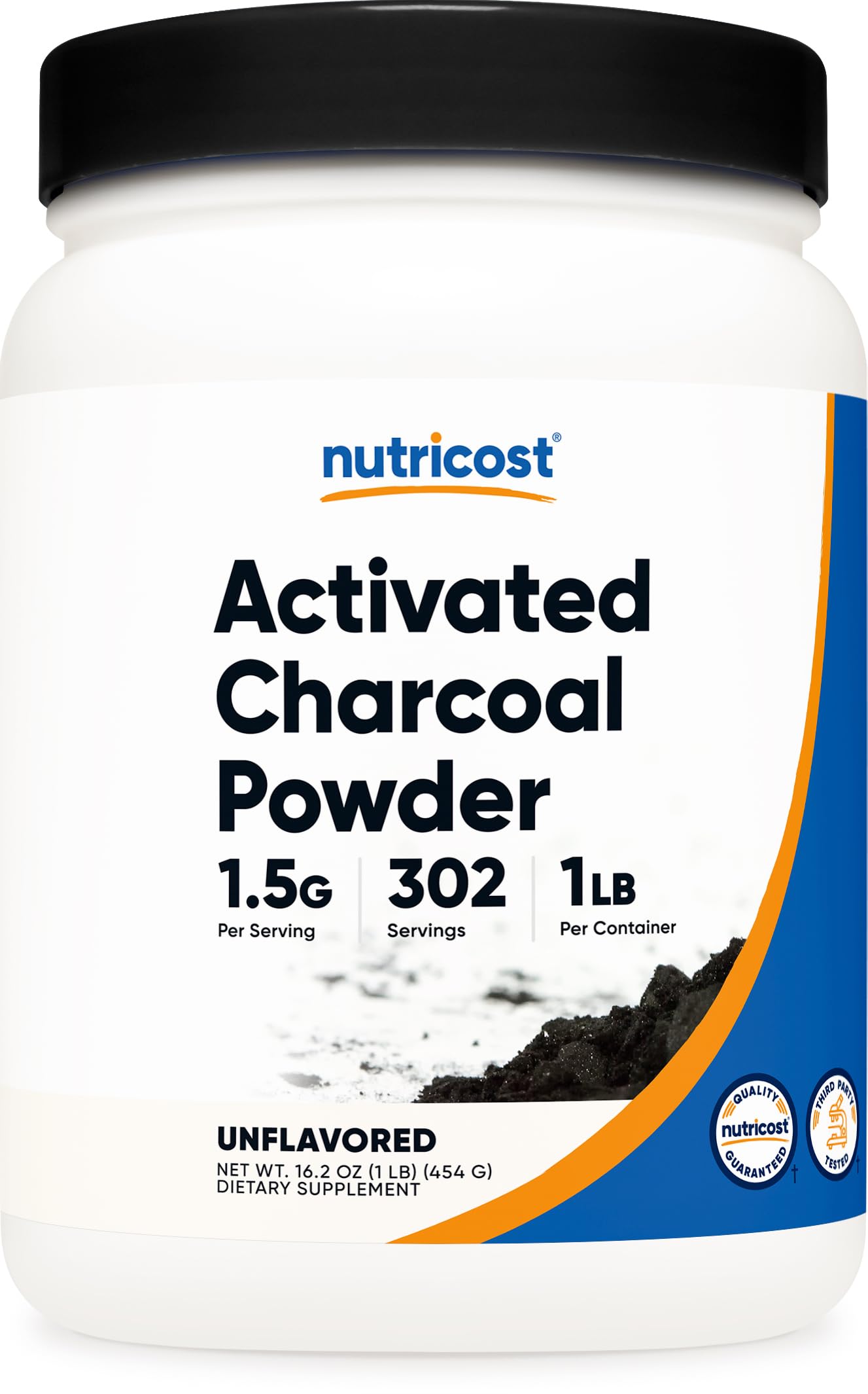 Nutricost carbón activado polvo una libra en envase, uso versátil en la cocina y cuidado personal.