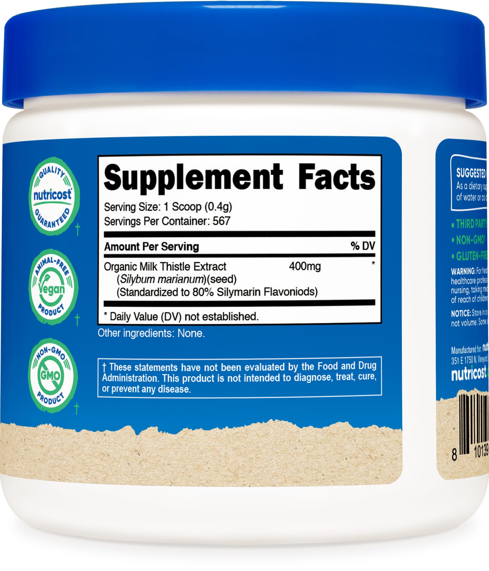Nutricost Cardo Mariano, envase frontal, producto libre de gluten y OGM.