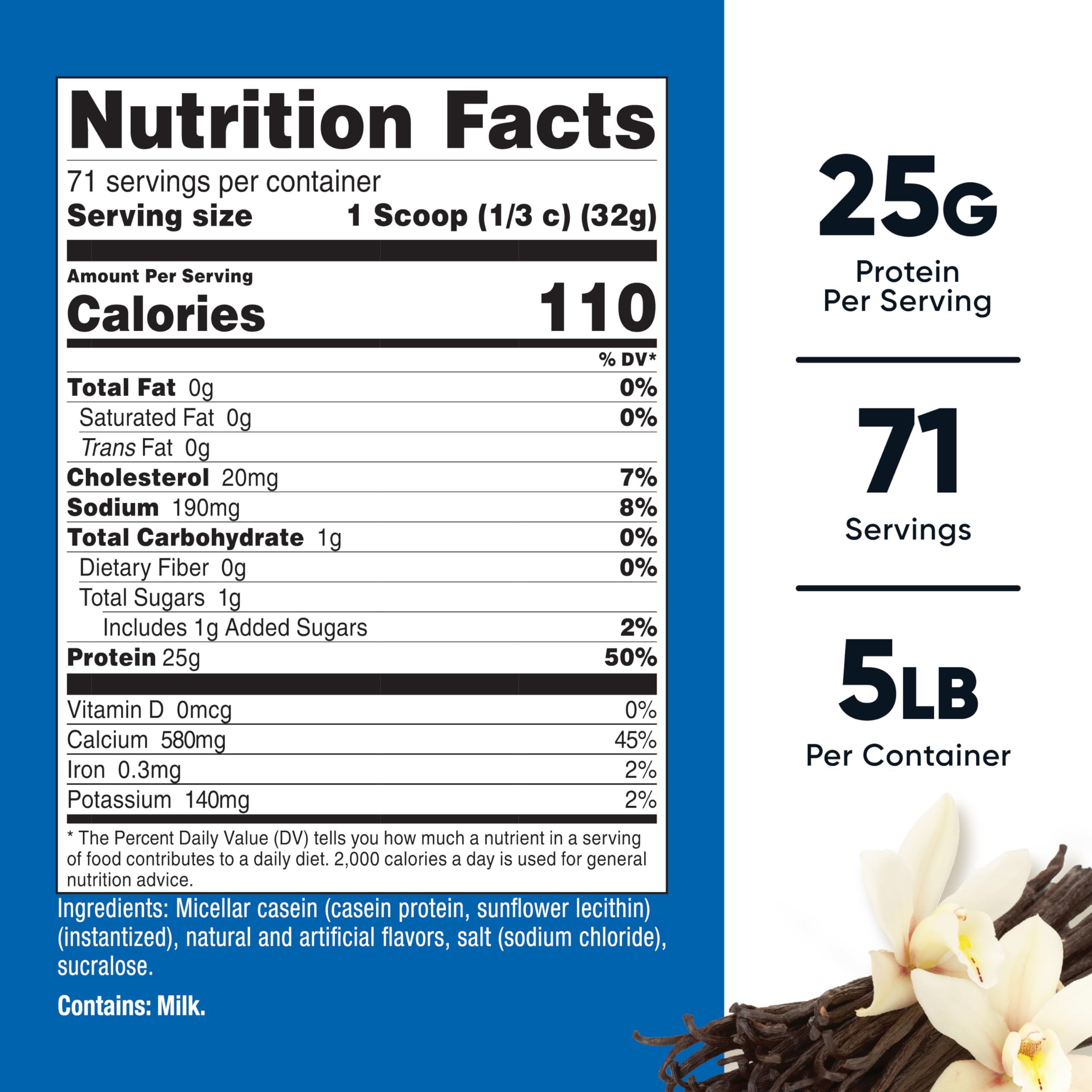 Nutricost Casein Vanilla, etiqueta frontal, facilita identificar sabor y composición.
