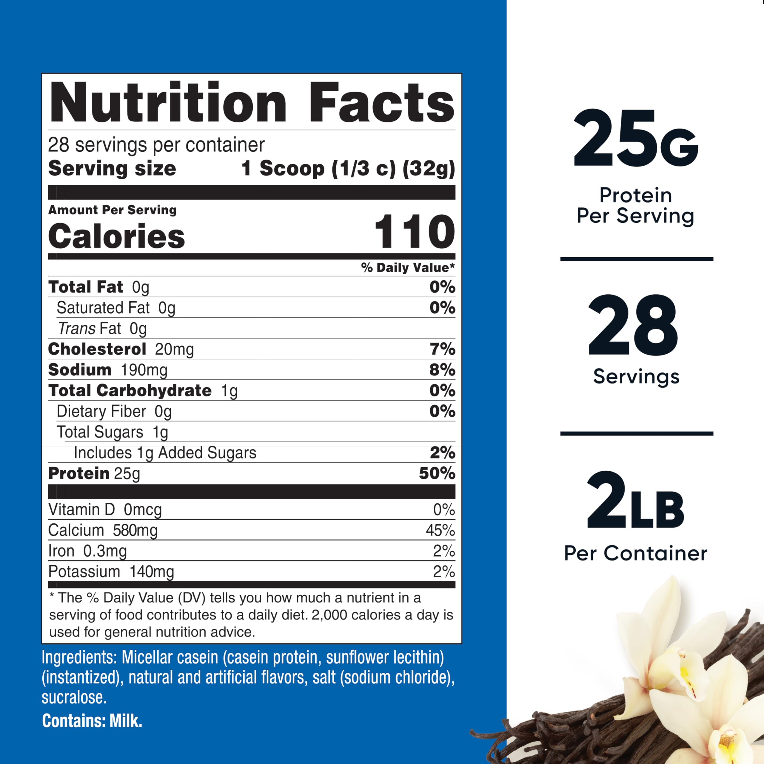 Nutricost Caseína vainilla, porciones de 25 g, ideal para ingesta sostenida.