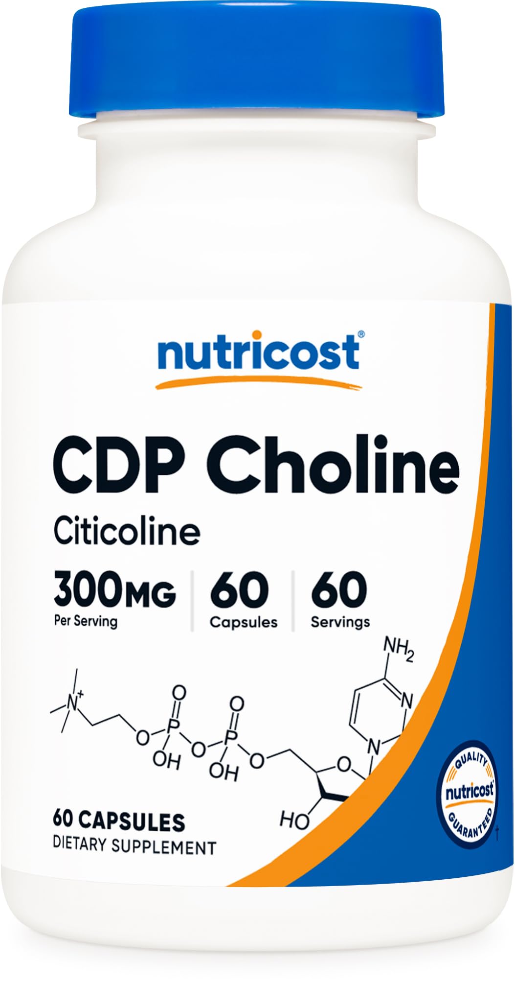 Nutricost CDP Choline frasco: cápsulas vegetarianas, posible apoyo a la función cognitiva.