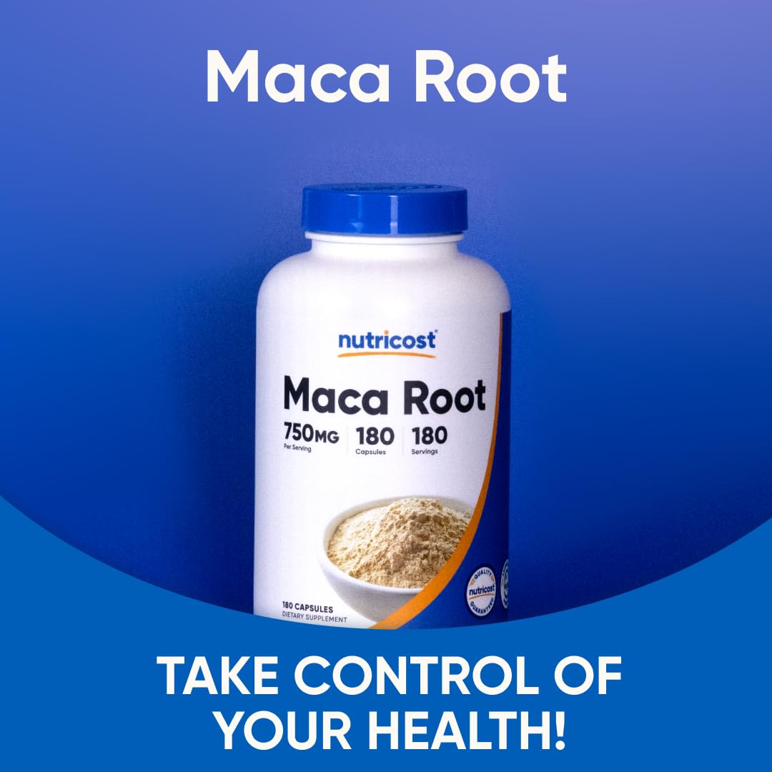 Nutricost Maca: certificaciones de calidad NSF, GMP y FDA visibles.