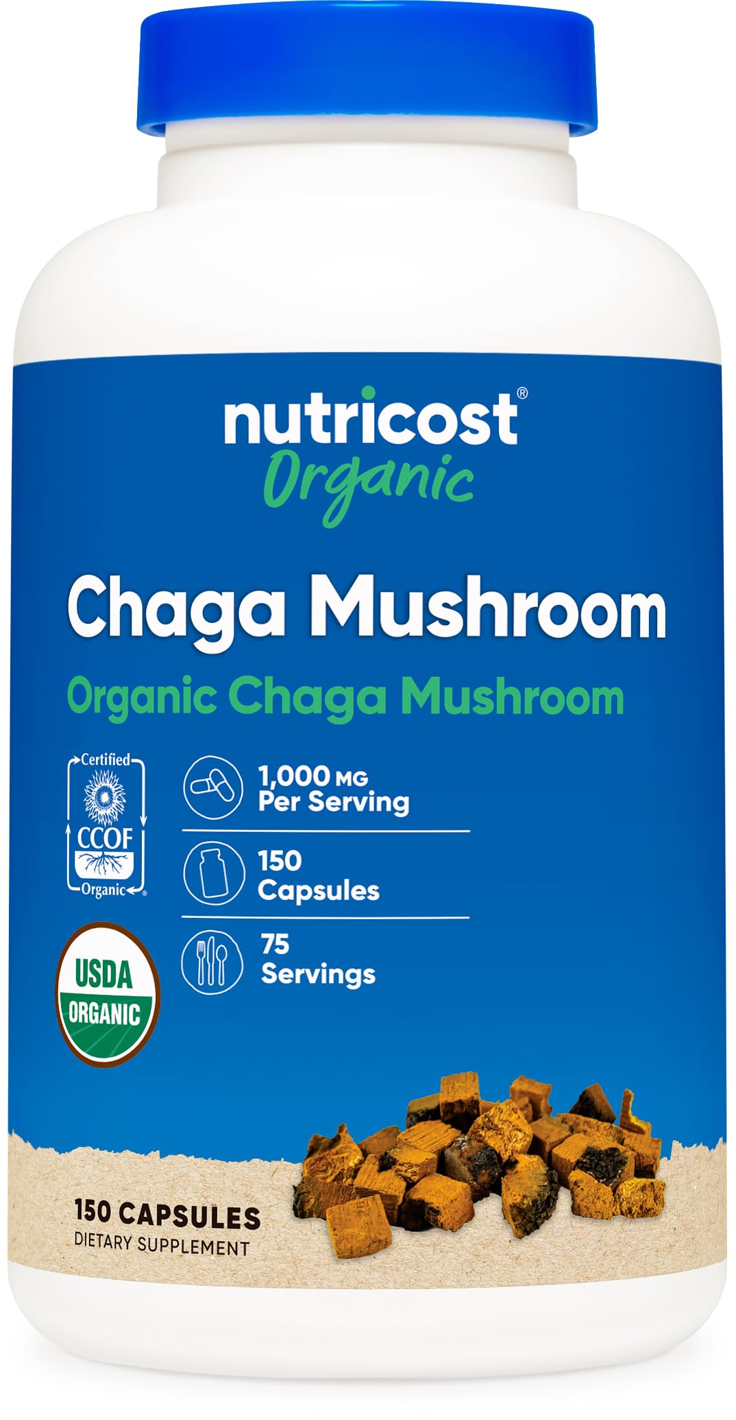 Nutricost Chaga orgánico, botella frontal, apoyo diario de bienestar.