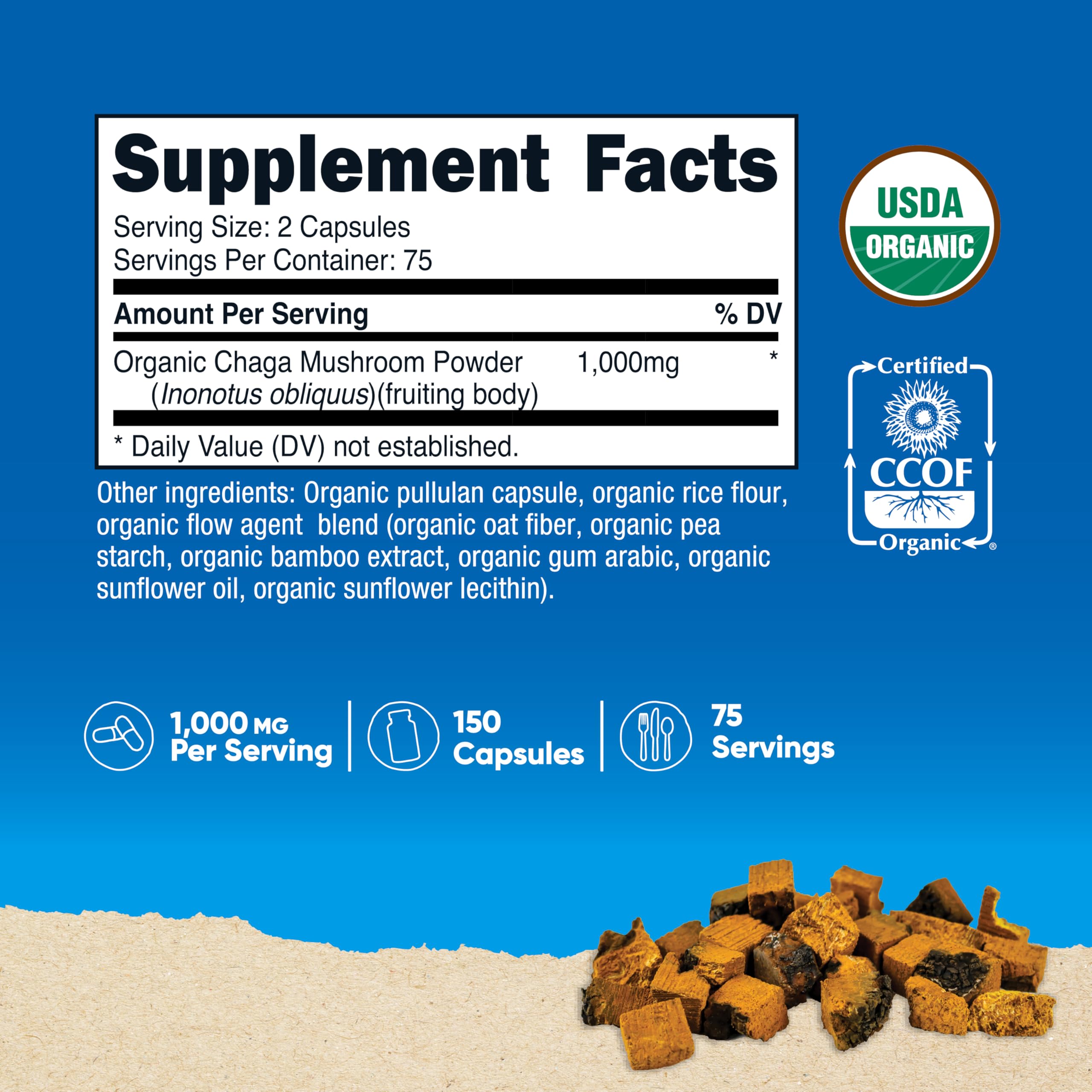 Nutricost Chaga orgánico, primer plano de cápsulas, fácil de incorporar.