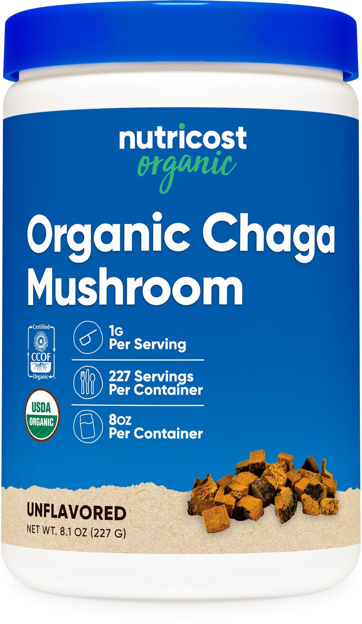 Nutricost Chaga Organico polvo en bote, ideal para batidos y tés.