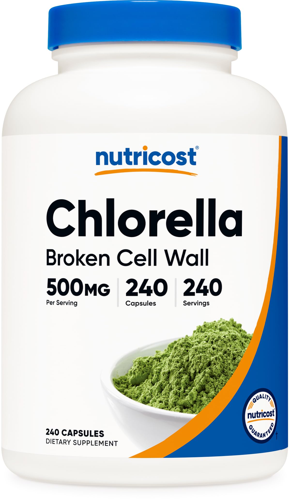 Nutricost Chlorella 500 mg: botella con cápsulas para apoyo a una dieta vegetariana.