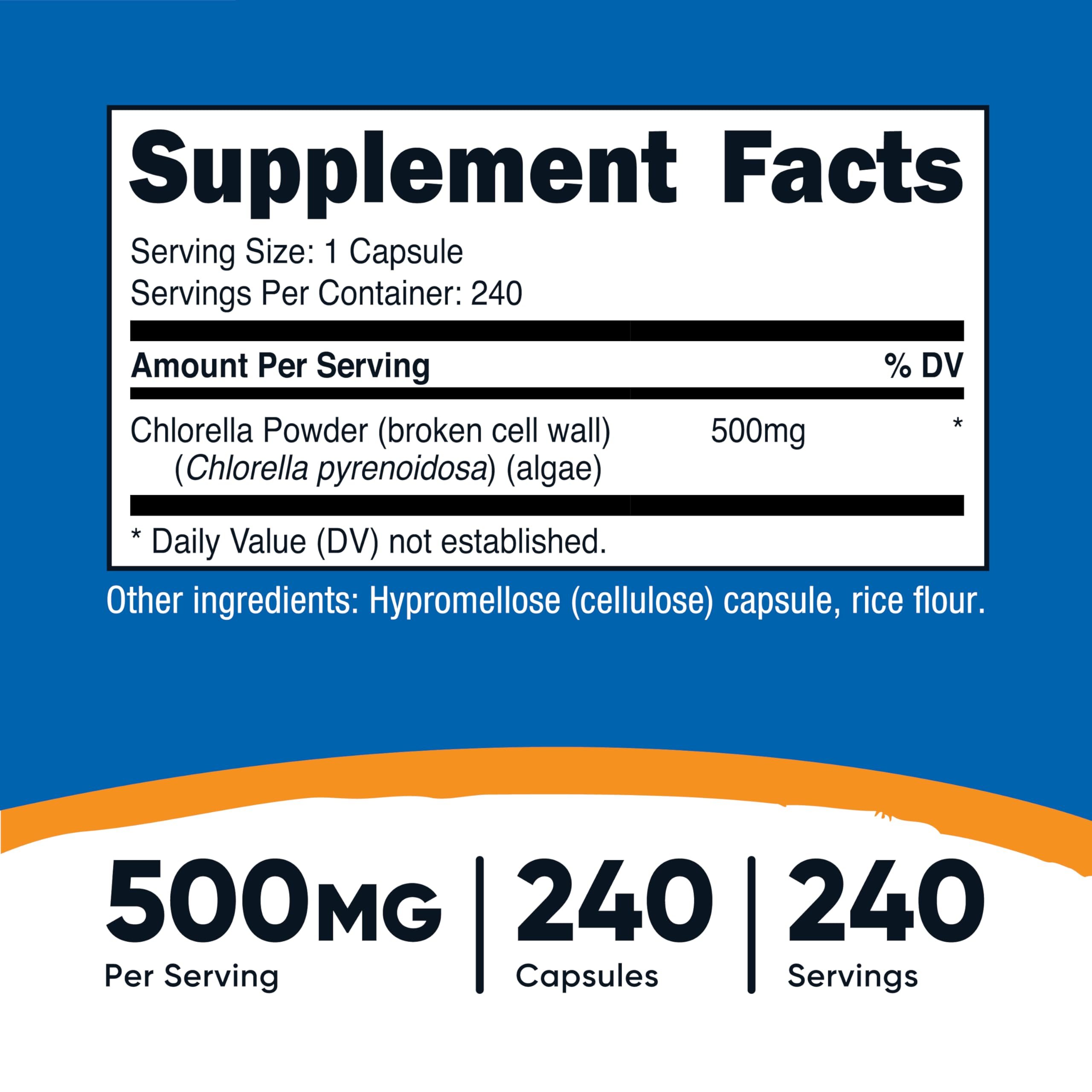 Nutricost Chlorella 500 mg: cápsulas verdes para consumo diario en una dieta vegana.
