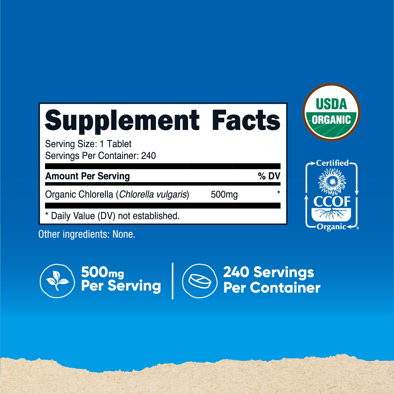 Etiqueta de Nutricost Chlorella Orgánica destacando certificación USDA y sin OGM.