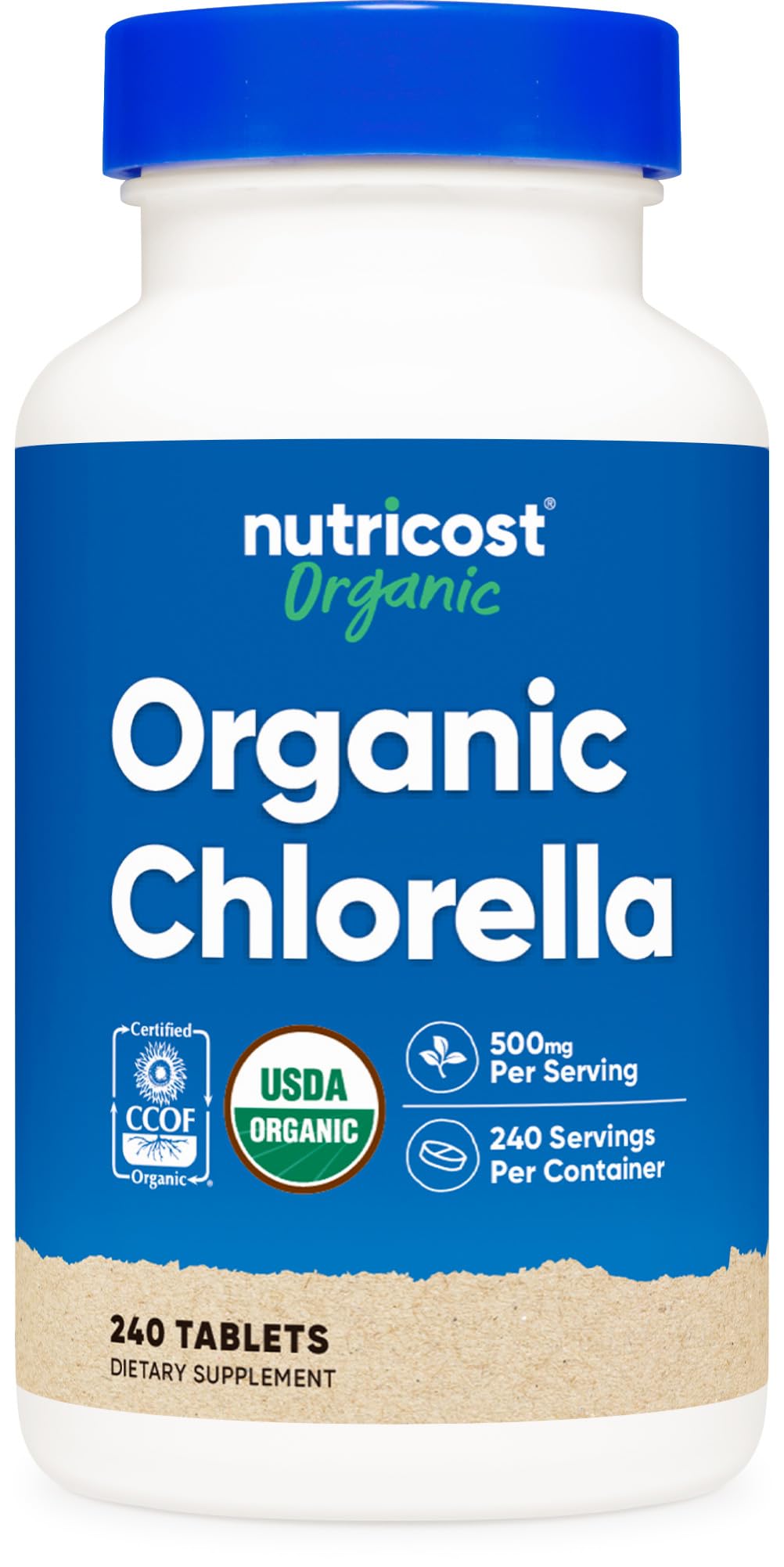 Frasco de Nutricost Chlorella Orgánica 500 mg con 240 tabletas para consumo diario.