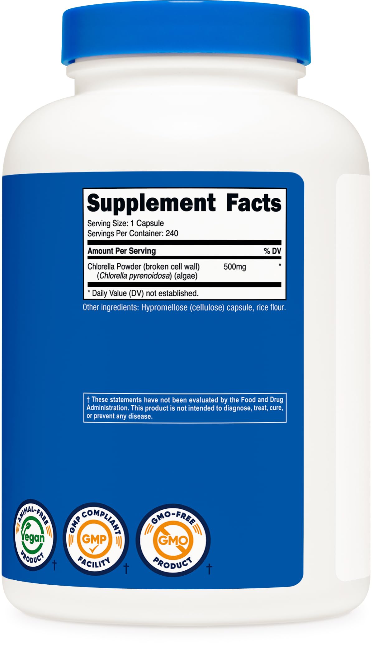 Nutricost Chlorella 500 mg: uso diario recomendado para apoyo a una dieta vegetariana.