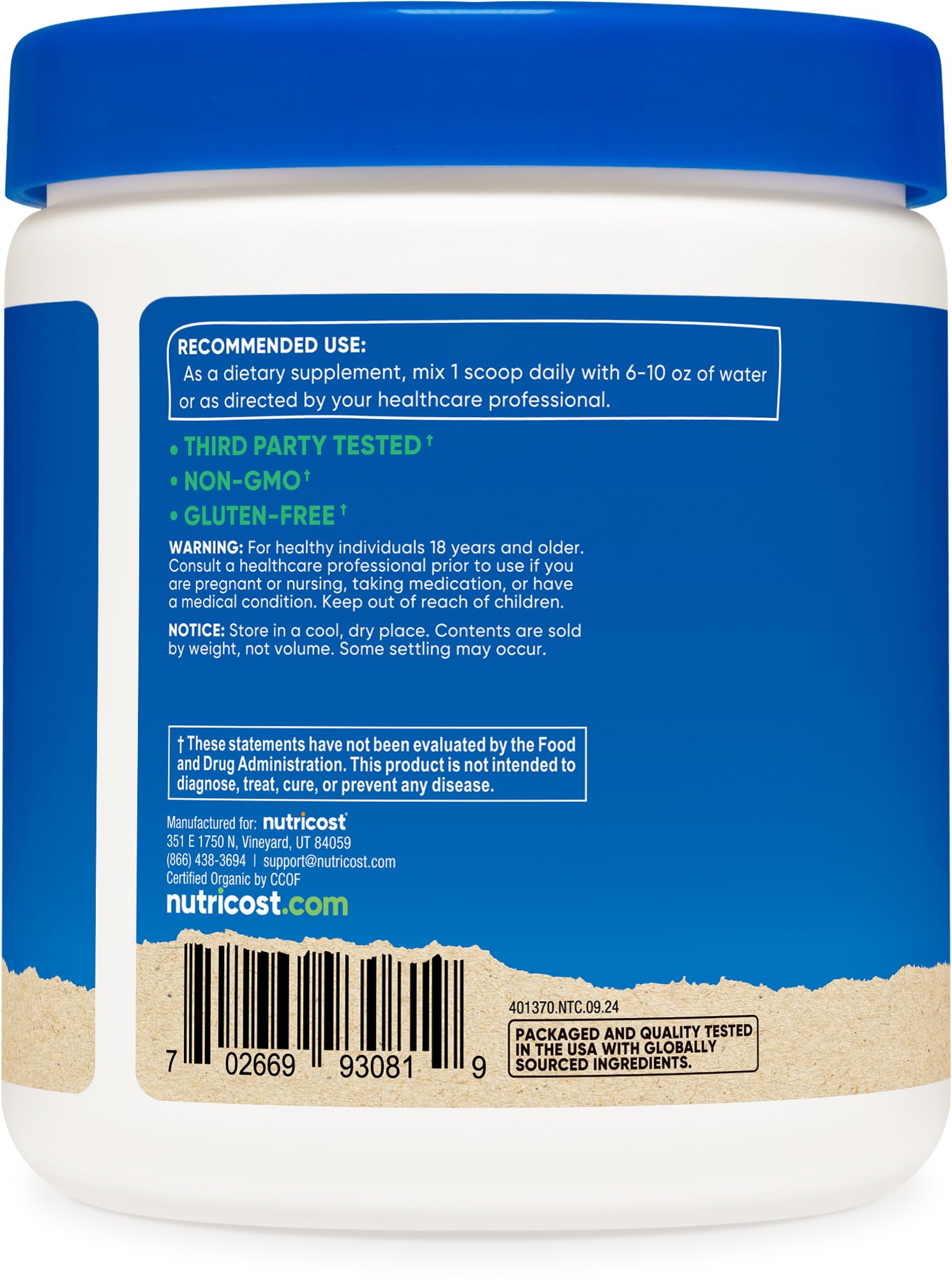 Empaque de Nutricost chlorella orgánica con certificación GMP y FDA.