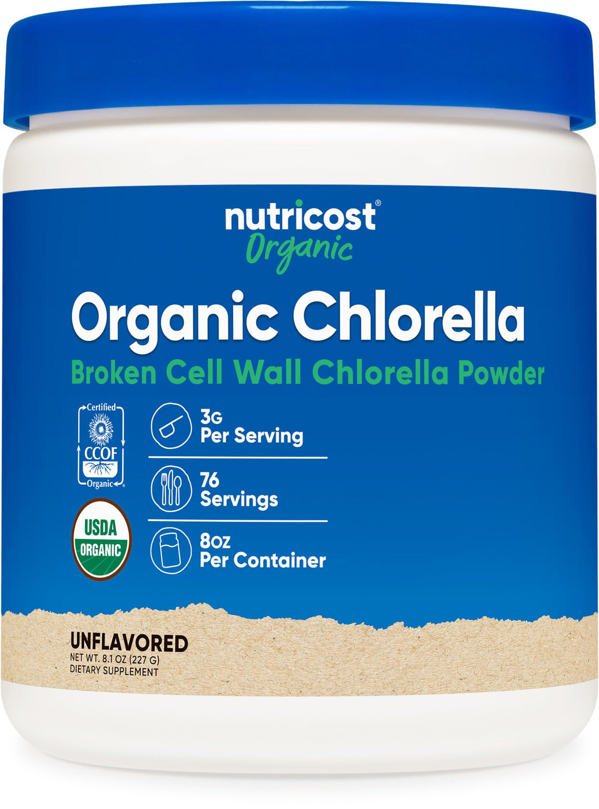 Nutricost Chlorella Orgánica en Polvo de 8 onzas, color verde intenso.