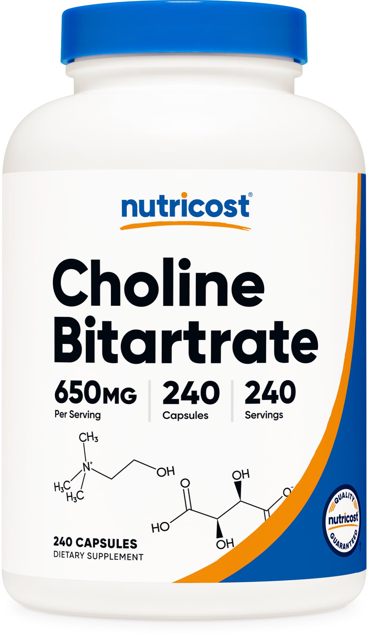 Nutricost Choline Bitartrate 650 mg, botella frontal, posible apoyo al bienestar diario