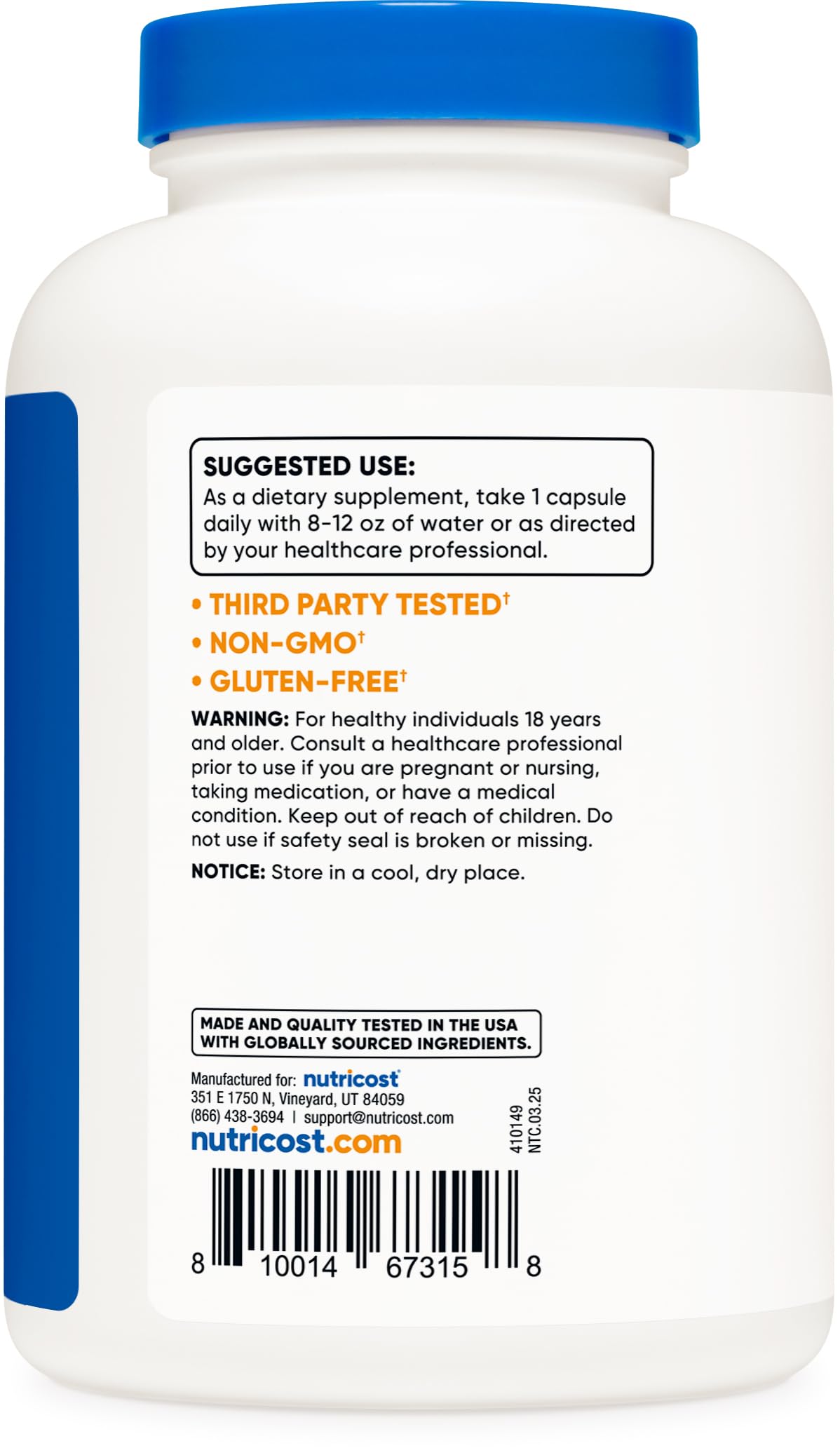 Nutricost Choline Bitartrate 650 mg, frasco de 240 dosis, uso continuo