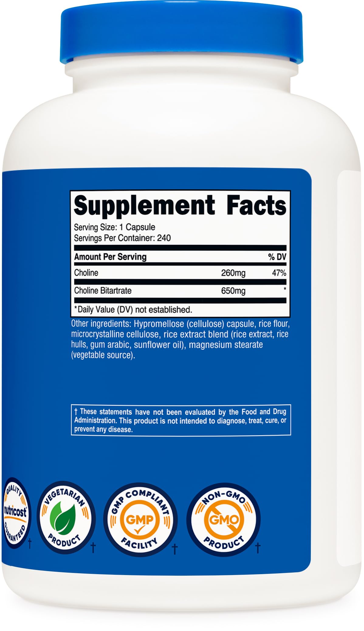 Nutricost Choline Bitartrate 650 mg, caja, opción vegetariana y libre de alérgenos