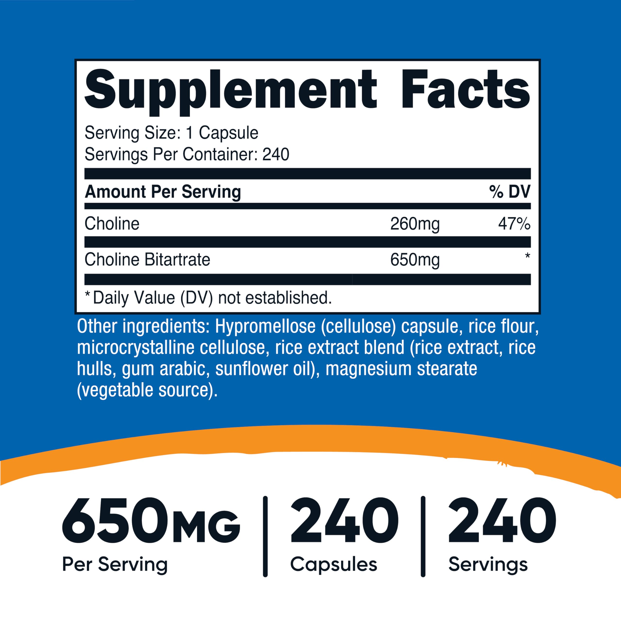 Nutricost Choline Bitartrate 650 mg, etiqueta cercana, guía para uso diario