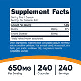 Nutricost Choline Bitartrate 650 mg, etiqueta cercana, guía para uso diario
