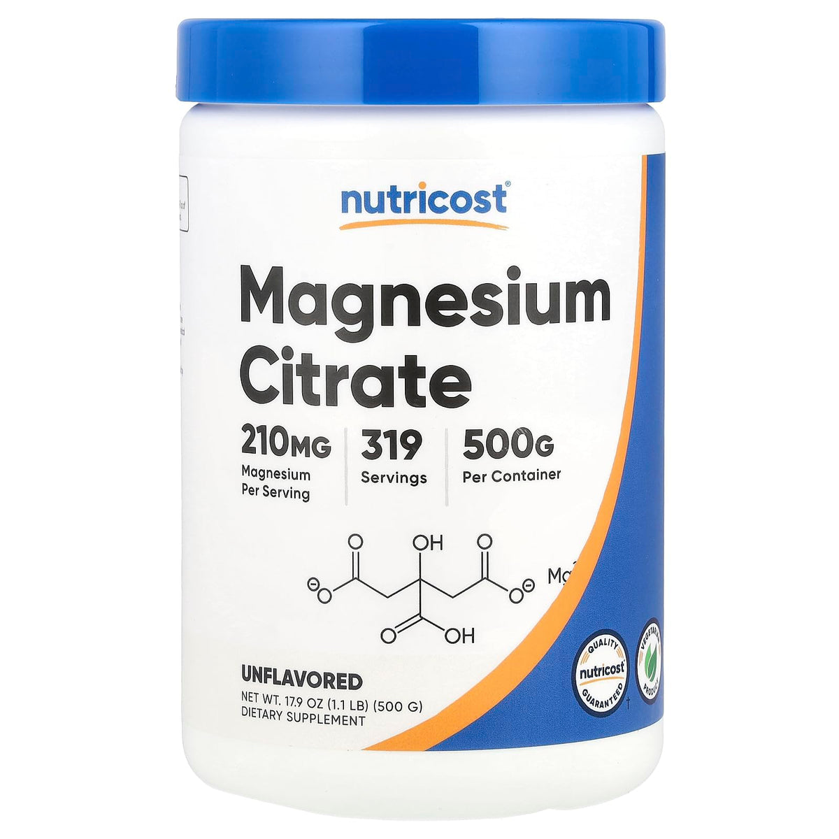Nutricost Citrato de Magnesio en polvo, envase de 500 g sin sabor para disolver fácilmente