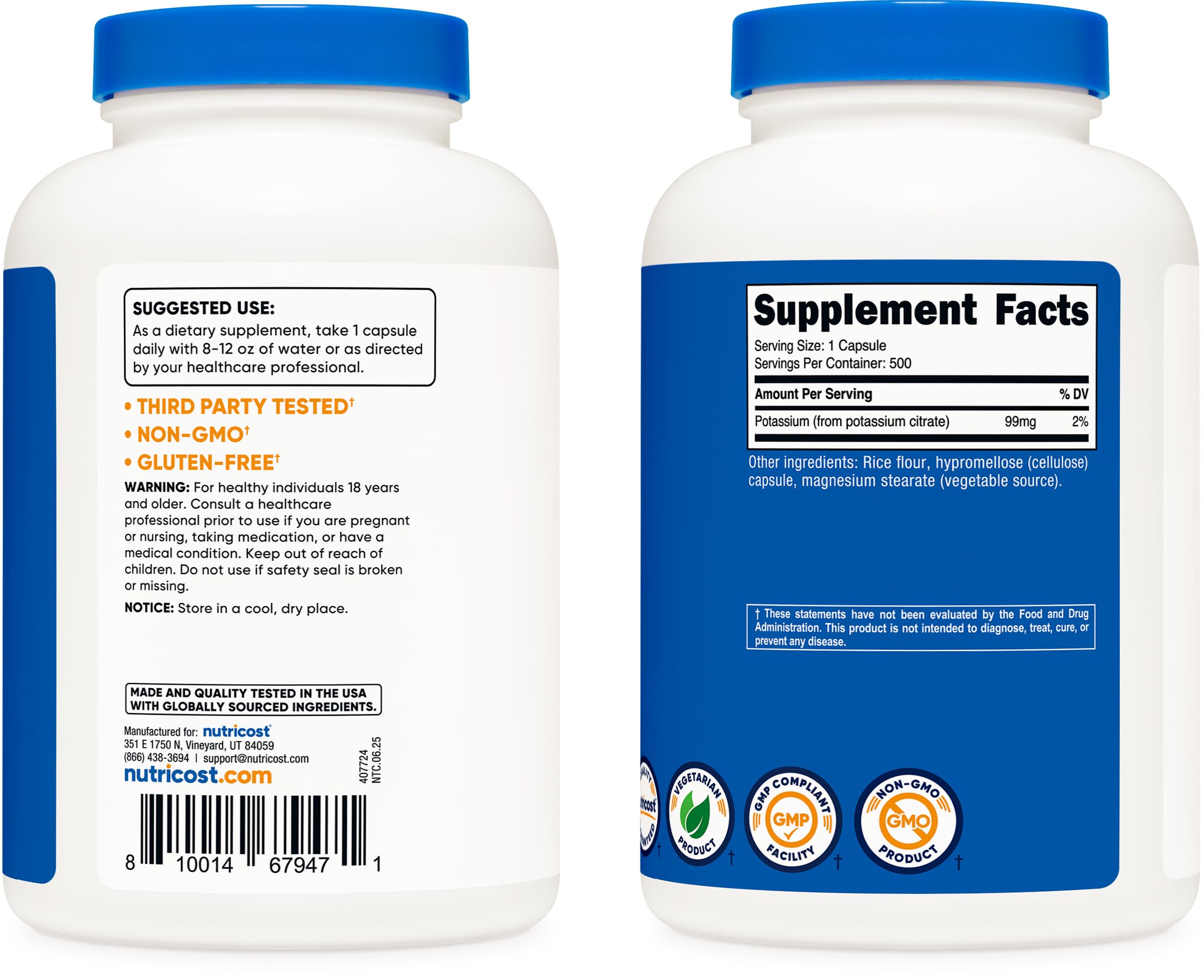 Nutricost Citrato de Potasio 99 mg, tapa azul o blanca