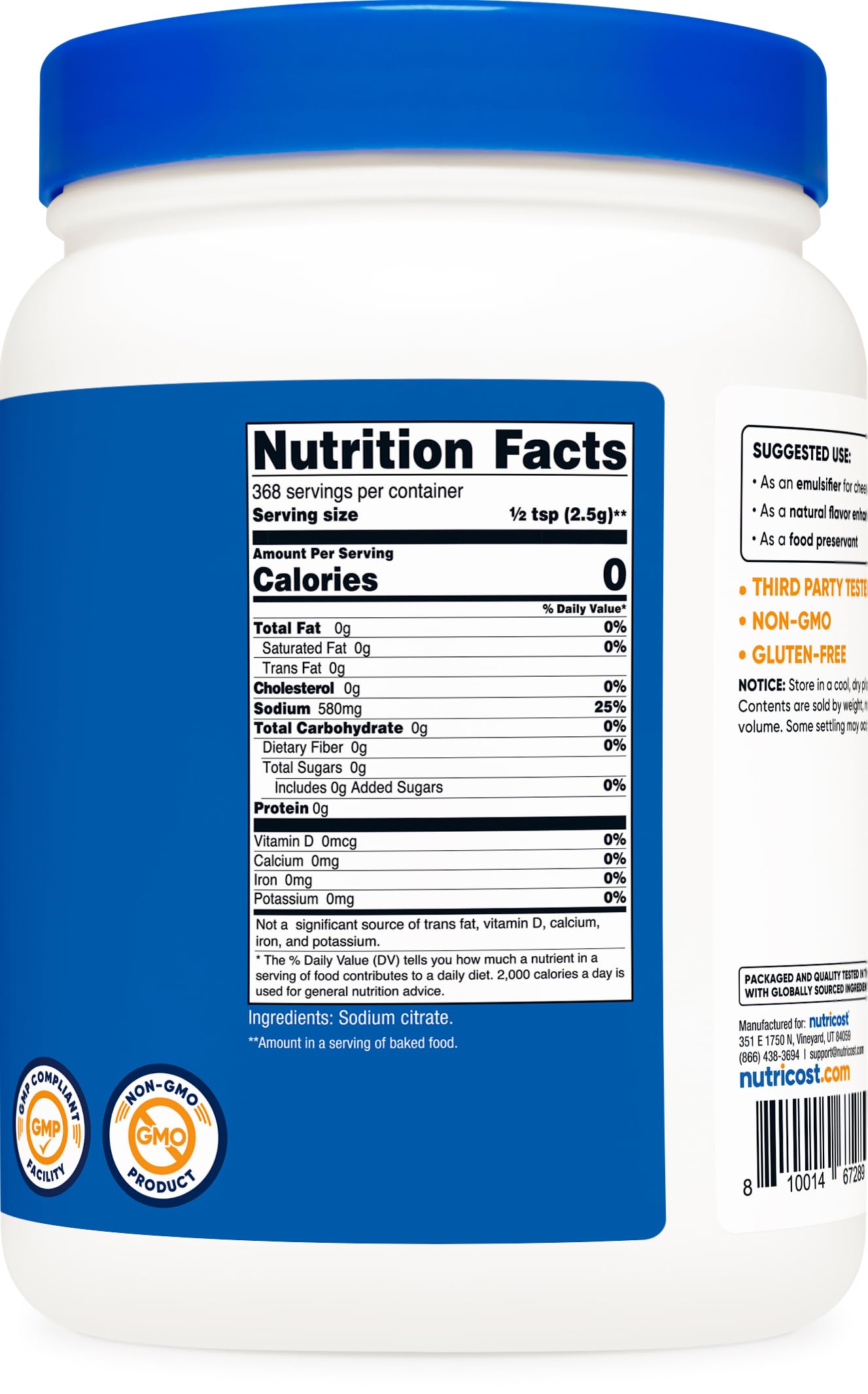 Nutricost Citrato de Sodio en Polvo: instalación FDA registrada.
