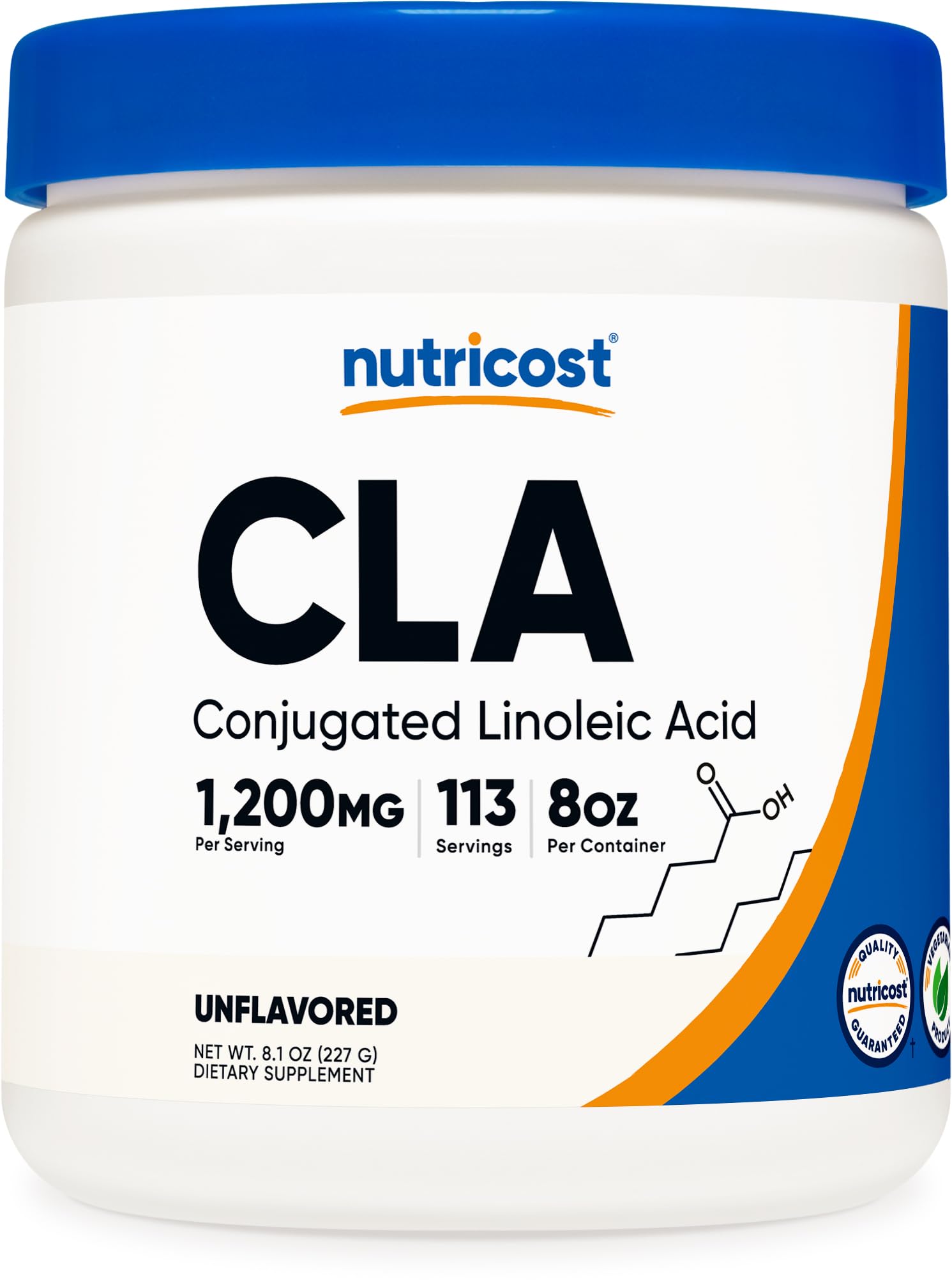 Nutricost CLA en polvo, envase de 8 onzas para soporte diario.