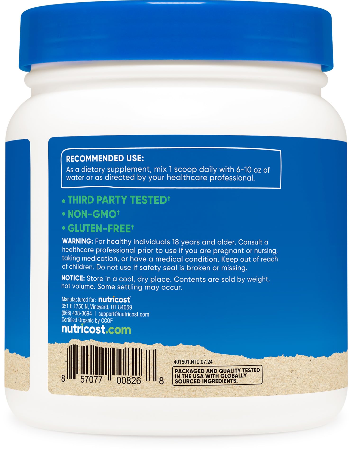 Etiqueta con certificaciones de calidad Nutricost Clorella Orgánica