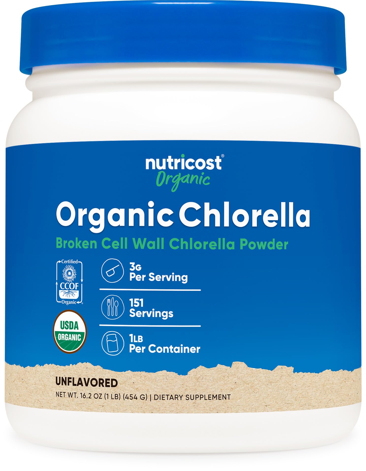 Frasco Nutricost Clorella Orgánica, polvo verde puro para uso diario