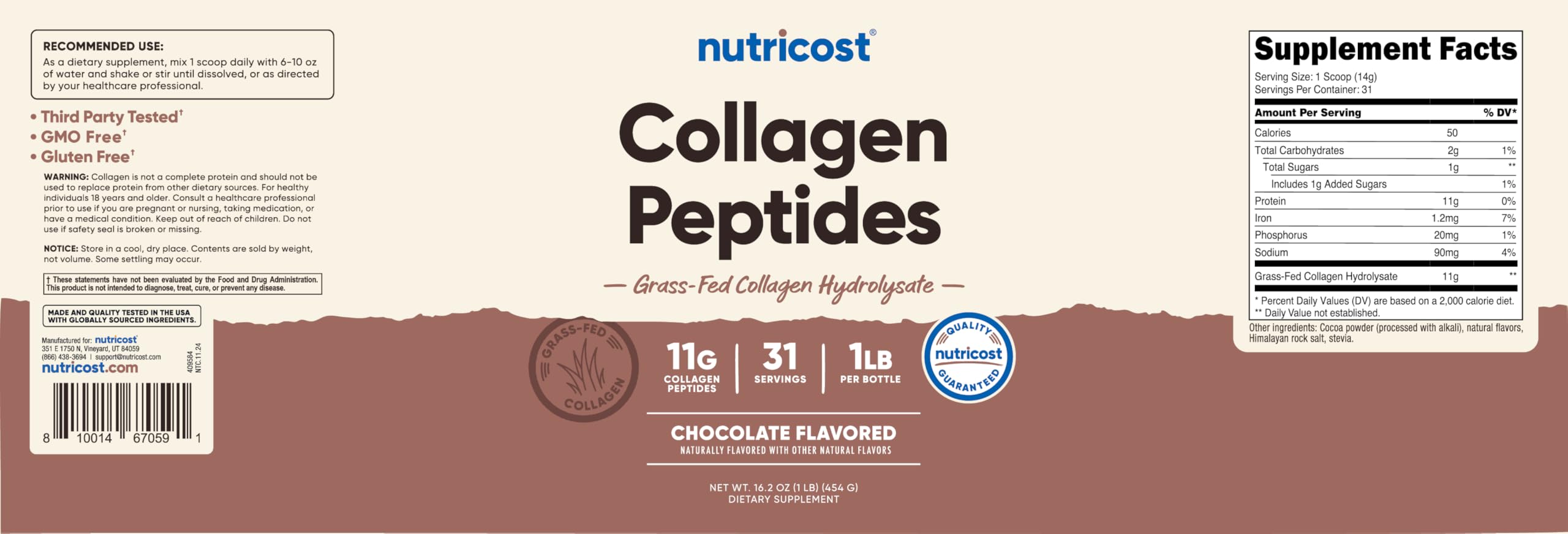 Nutricost Colágeno Envase 454 g, práctico para almacenamiento y uso diario.