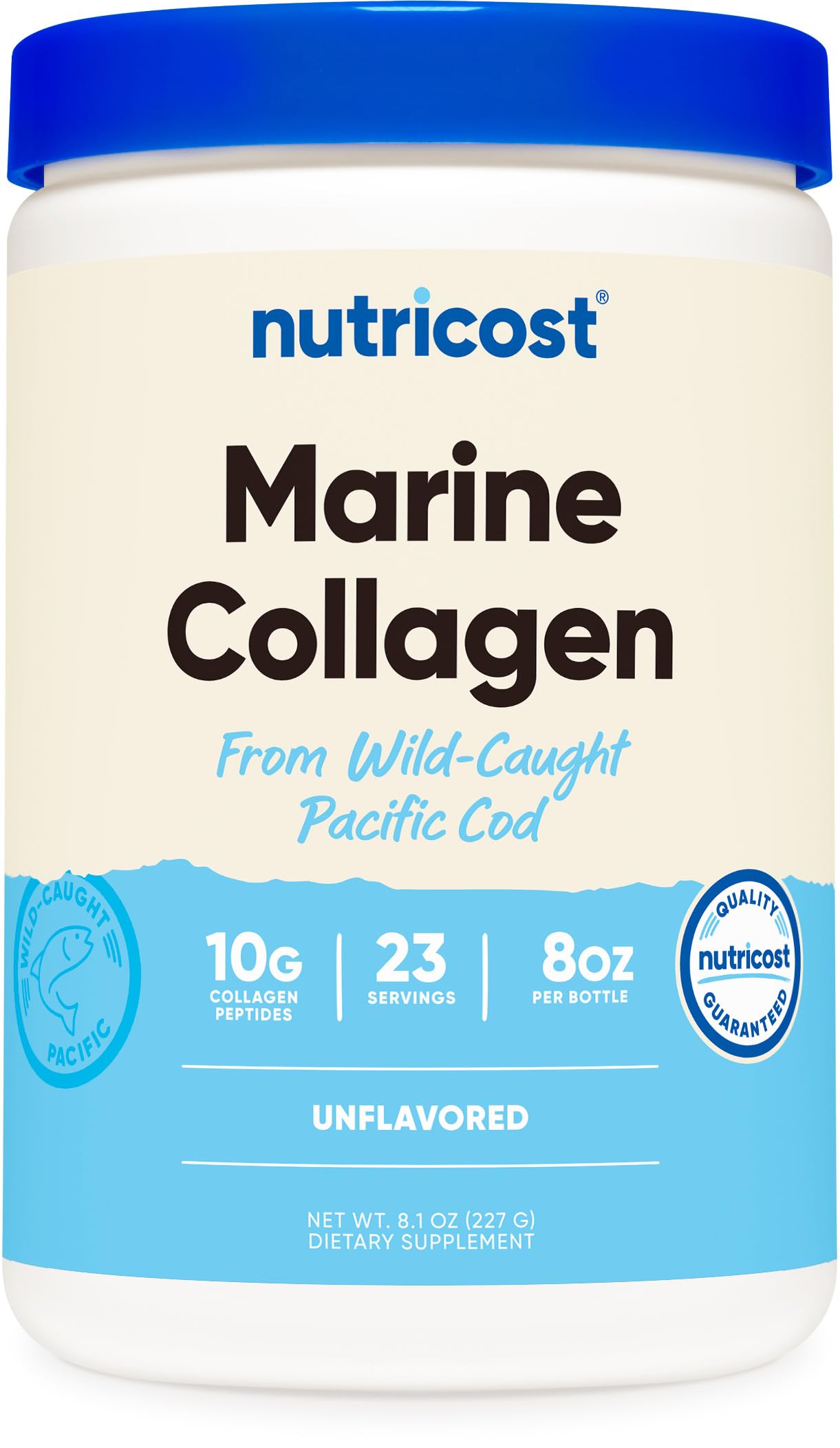 Nutricost Colágeno Marino sin sabor en bote de 8 oz, fácil de incorporar.
