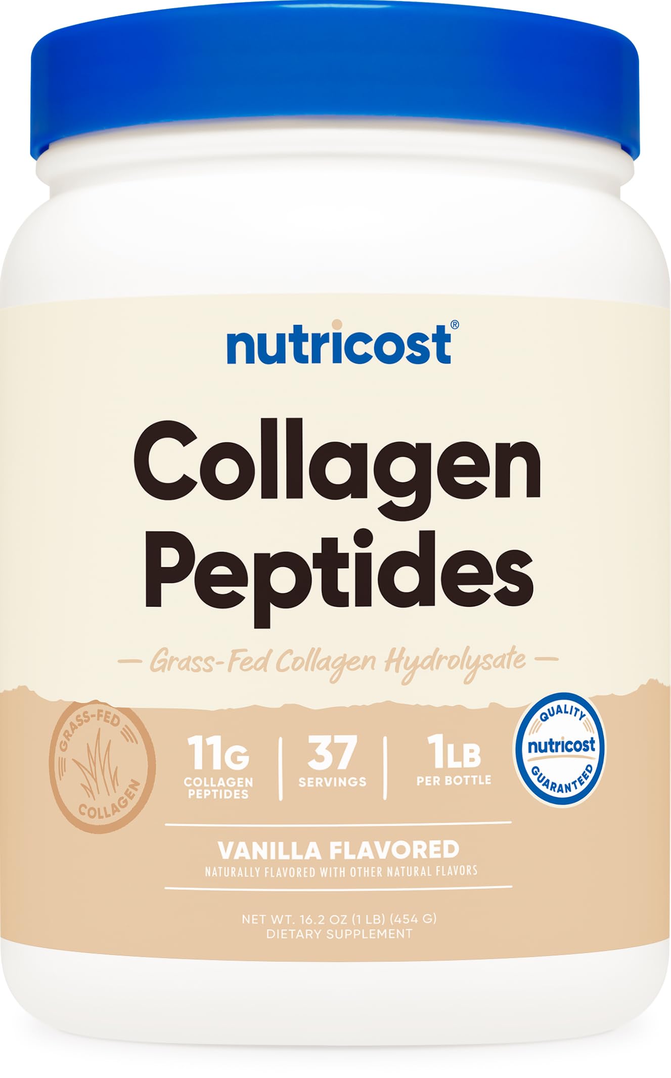 Nutricost colágeno vainilla polvo bolsa 1lb, opción conveniente para la rutina diaria.
